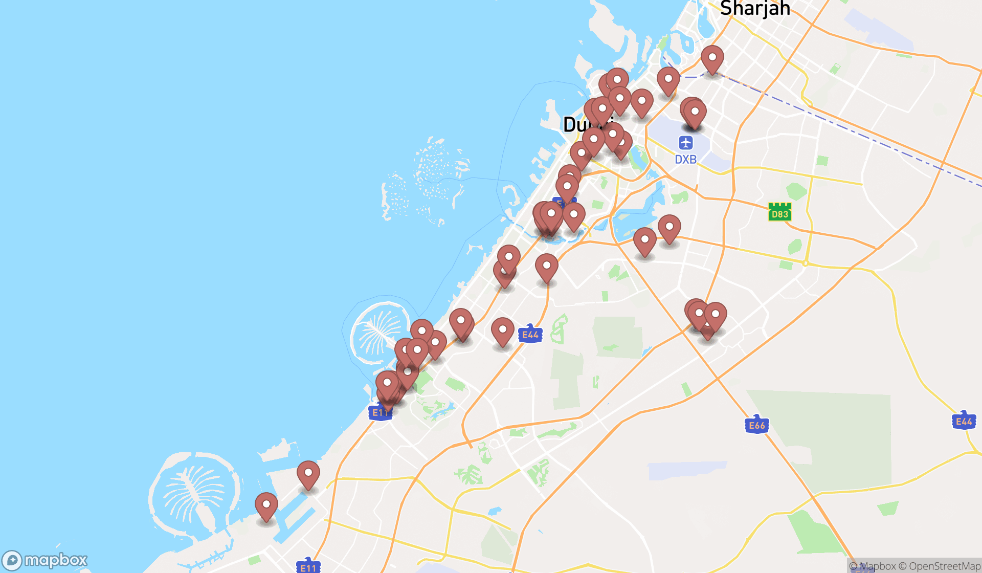 Map showing the search results in Dubai