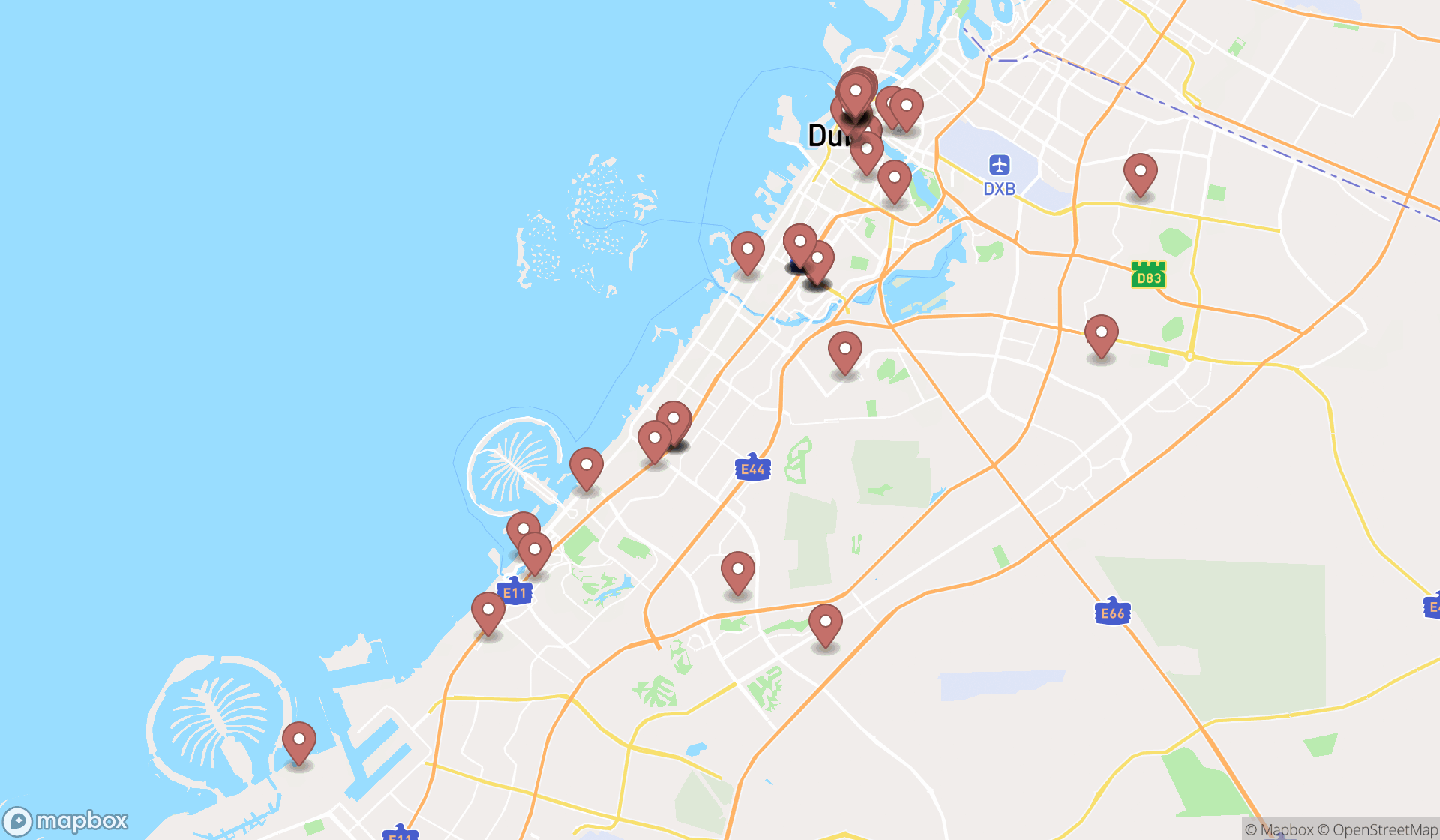 Map showing the search results in Dubai