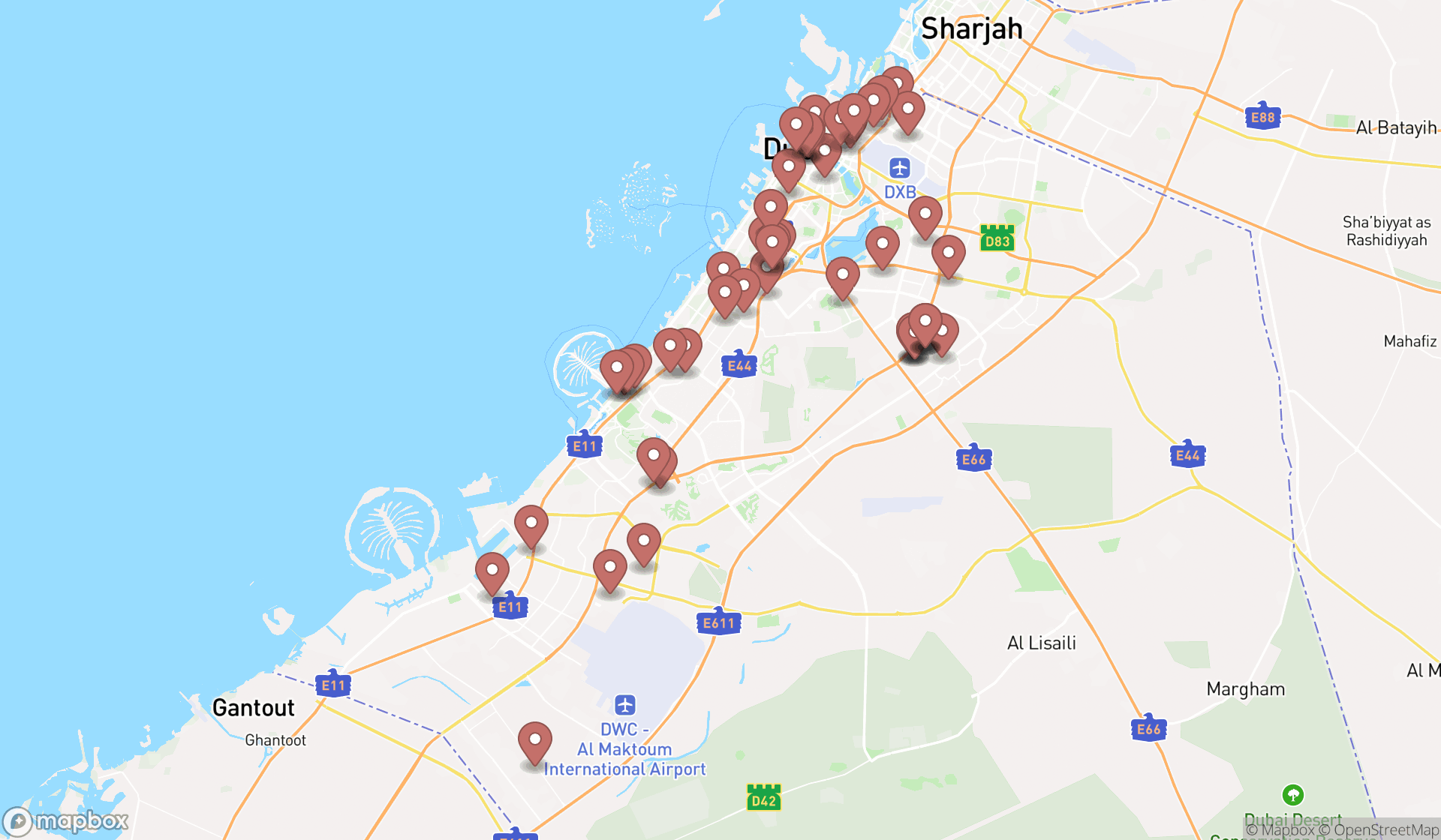 Map showing the search results in Dubai