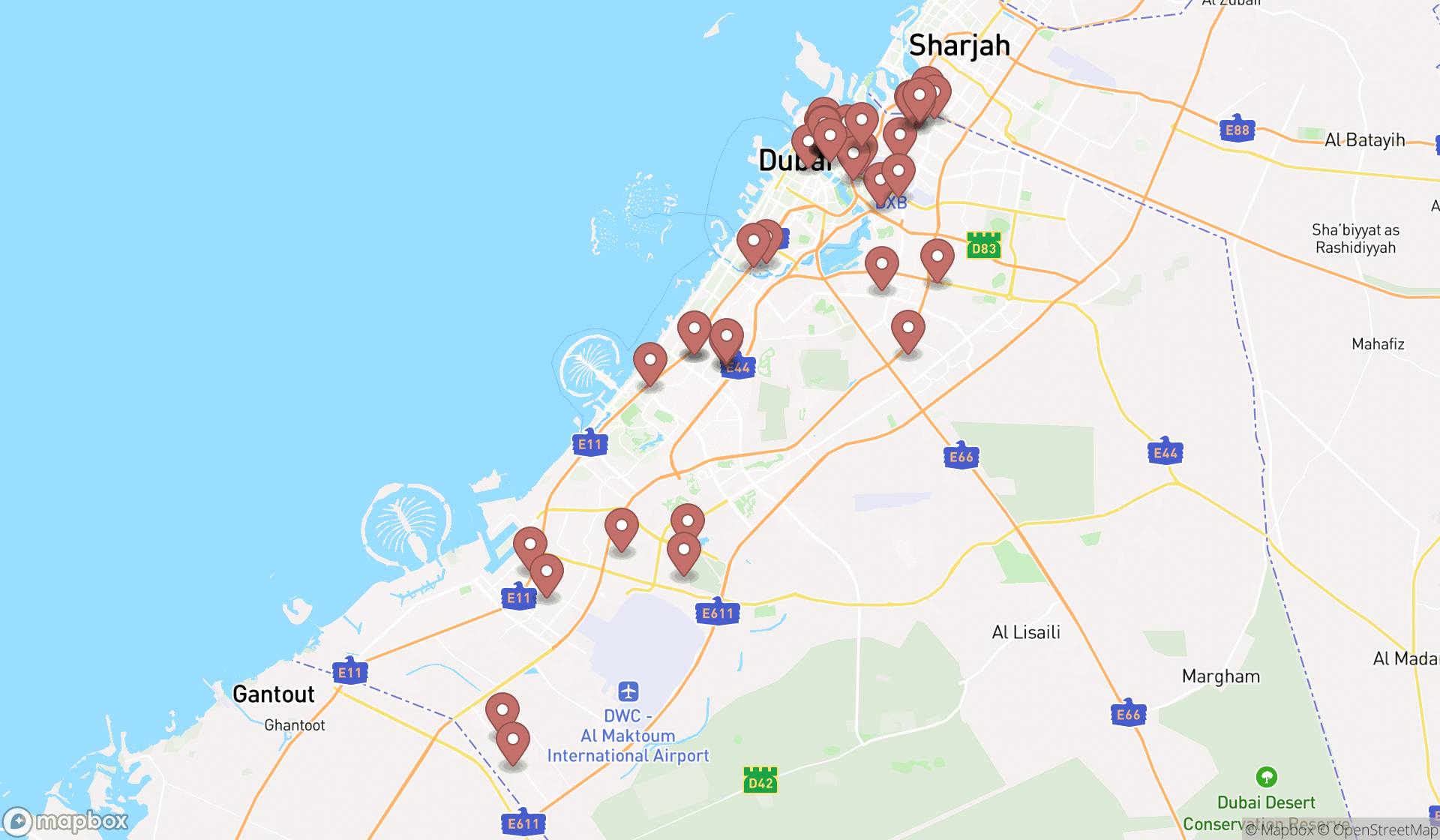 Map showing the search results in Dubai