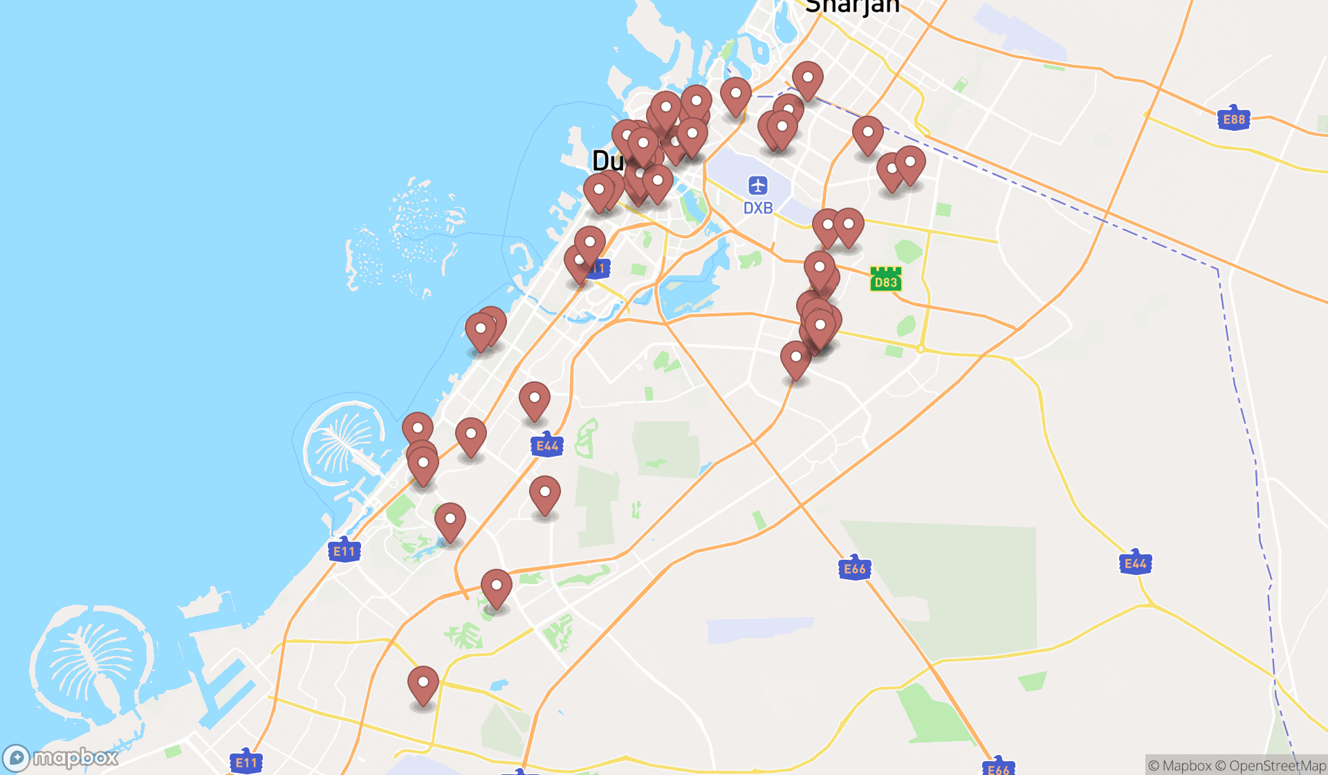 Map showing the search results in Dubai