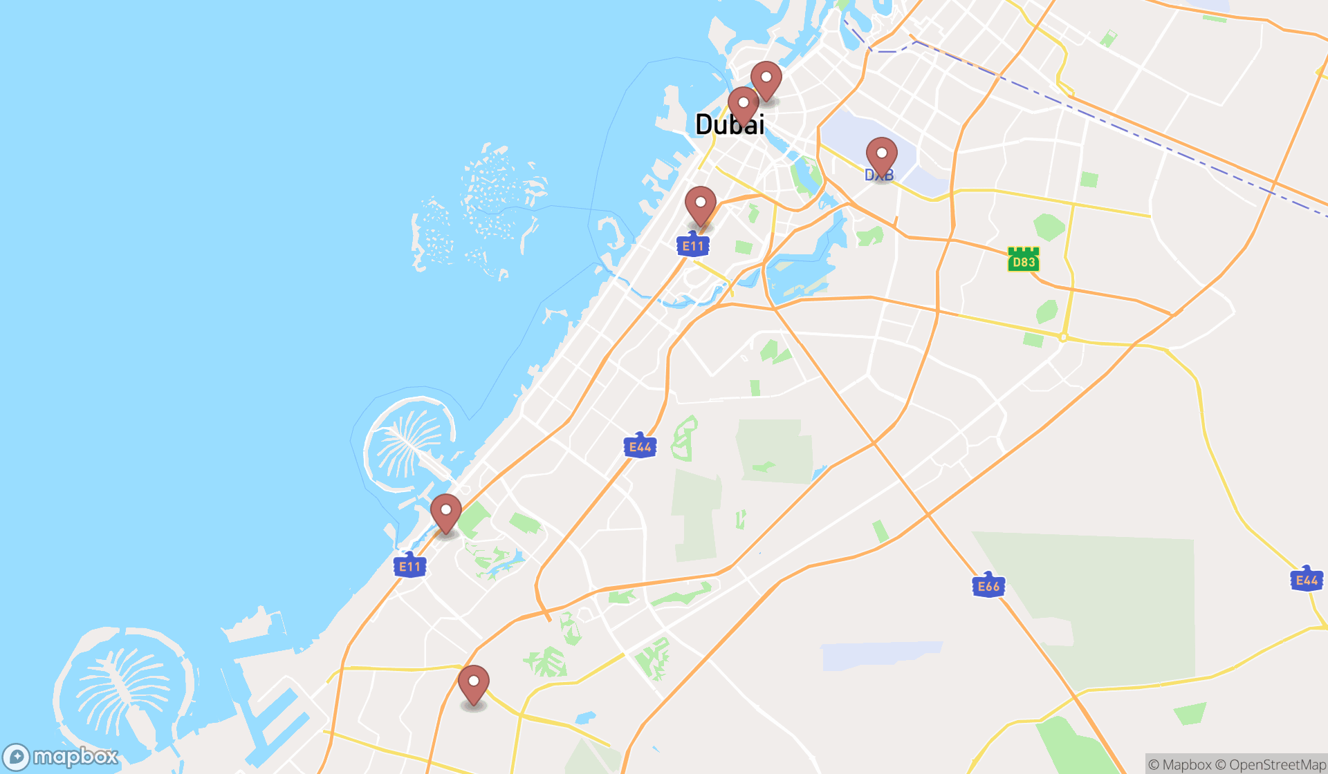 Map showing the search results in Dubai