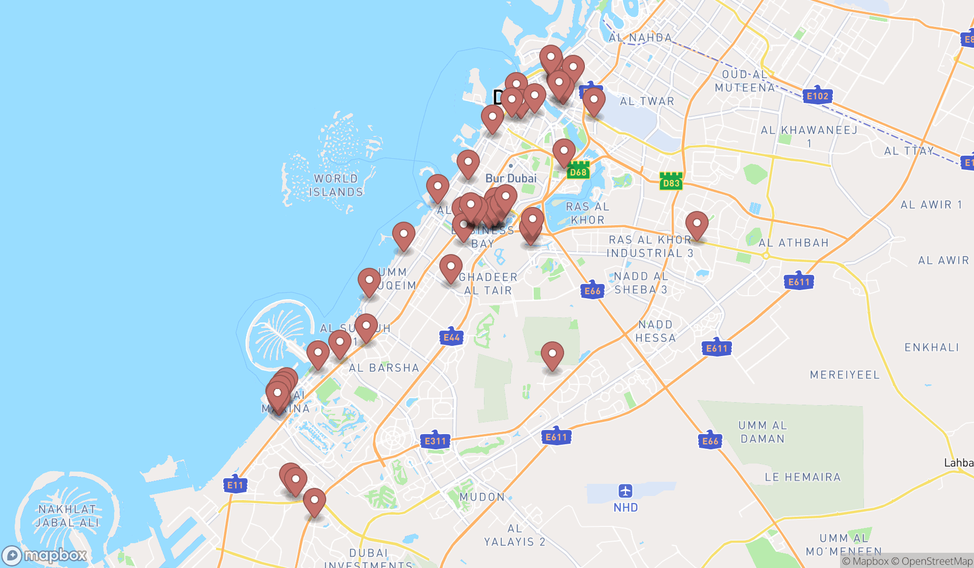 Map showing the search results in Dubai