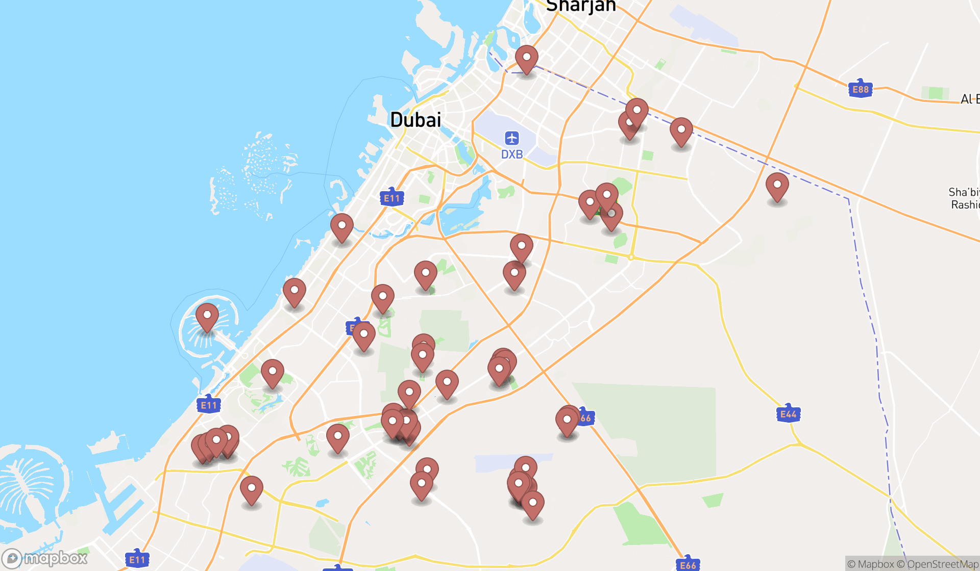 Map showing the search results in Dubai