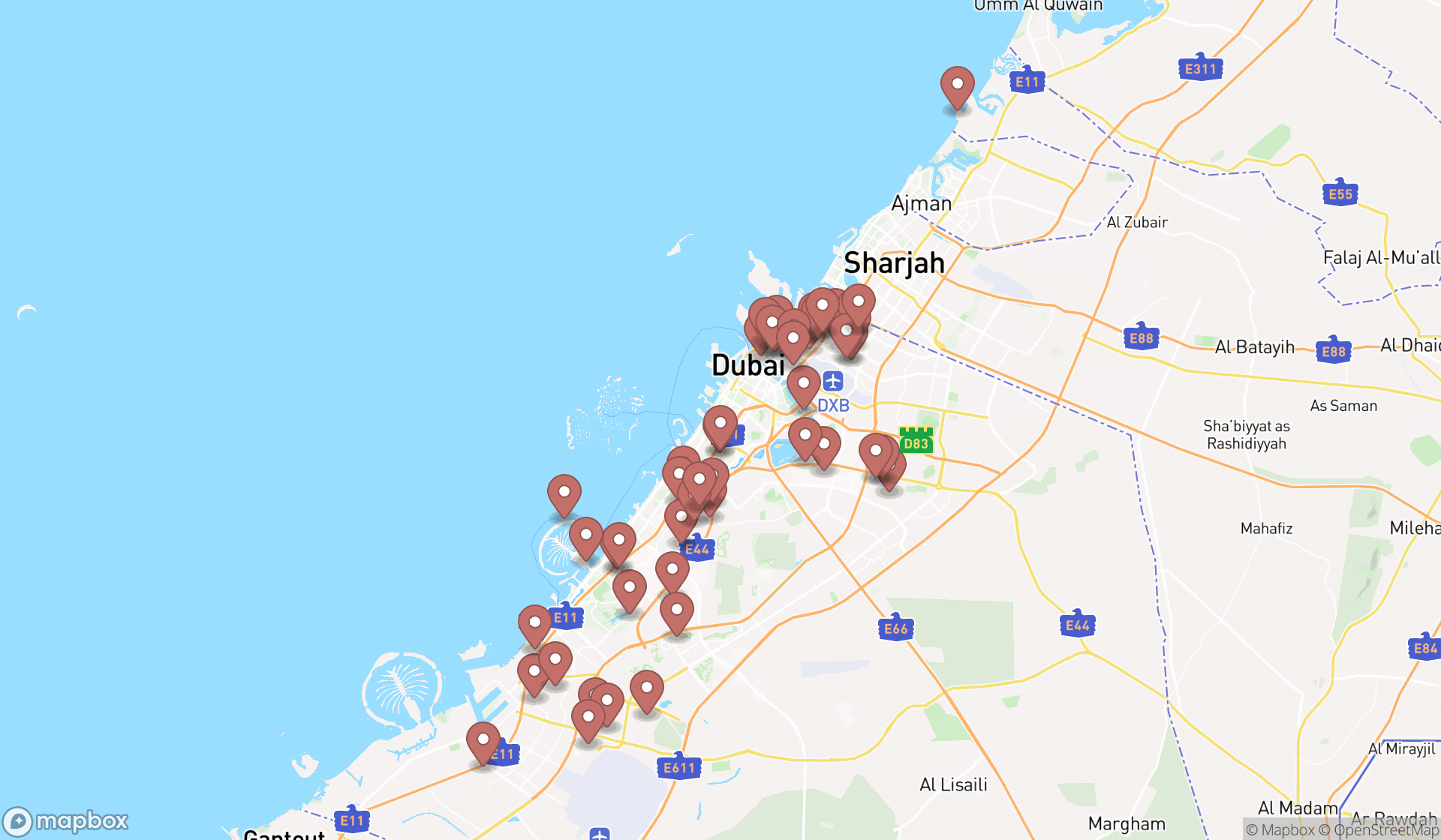 Map showing the search results in Dubai