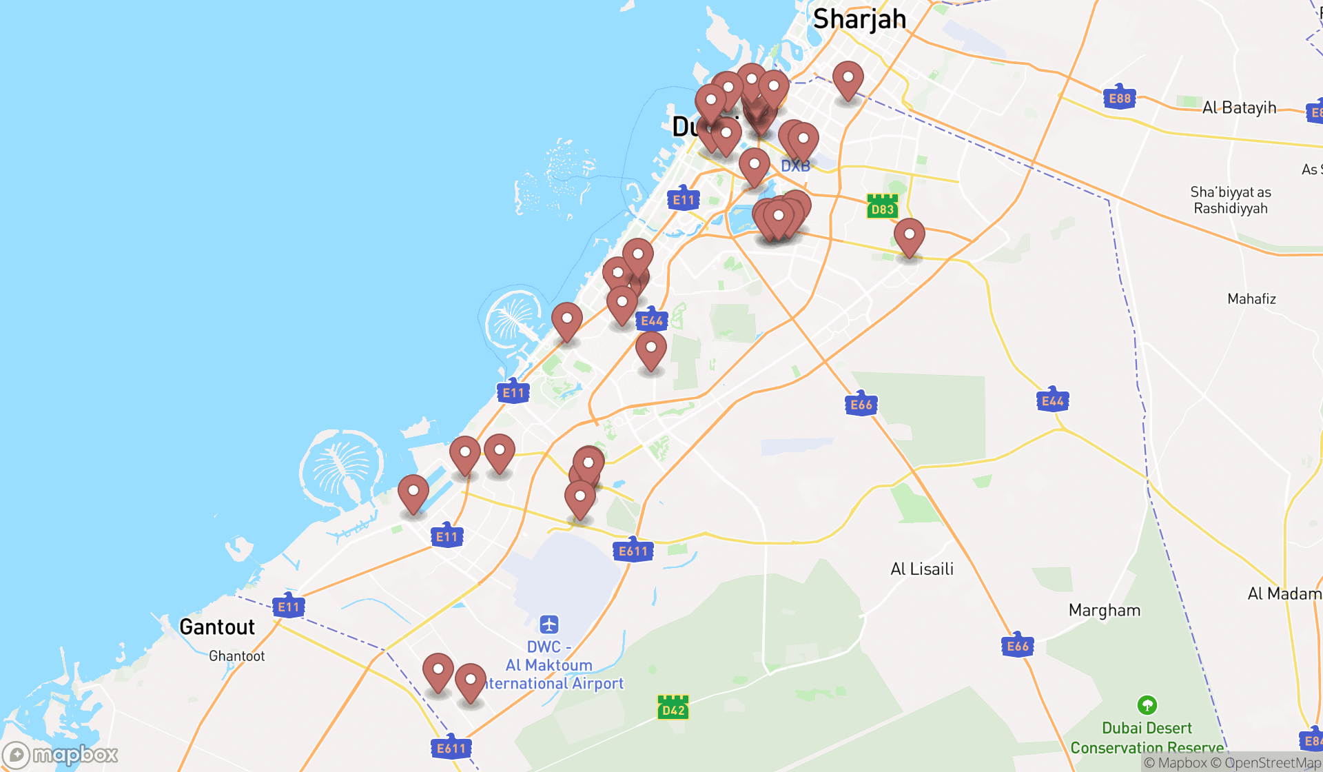 Map showing the search results in Dubai