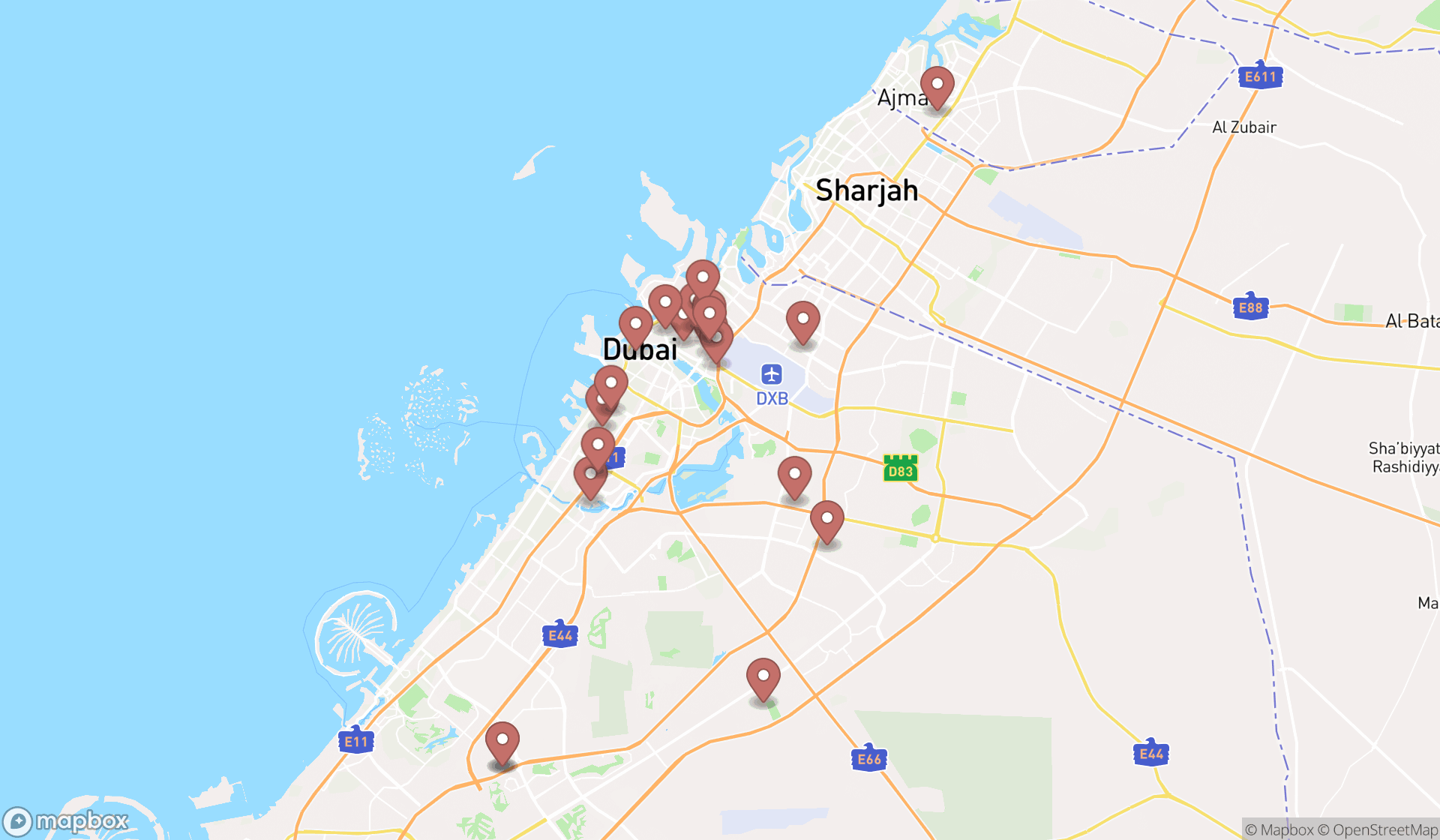 Map showing the search results in Dubai