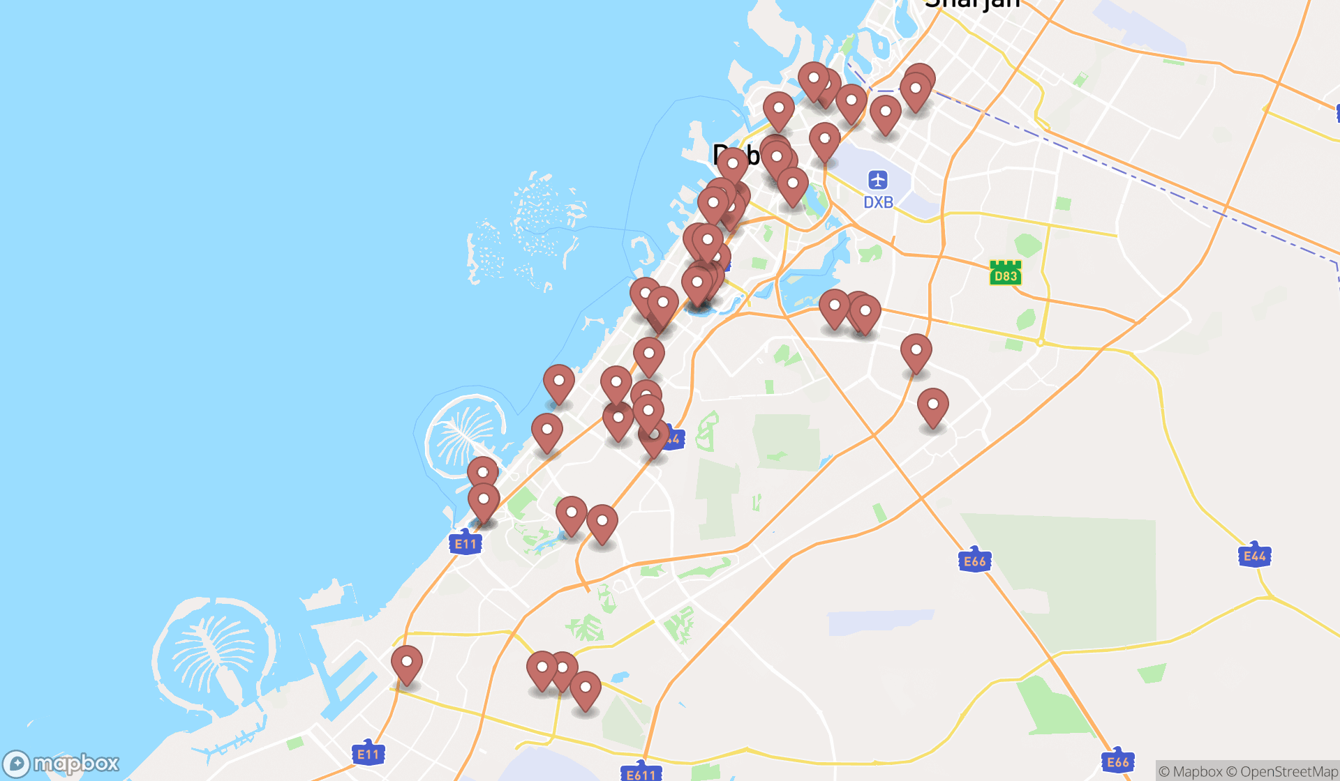 Map showing the search results in Dubai