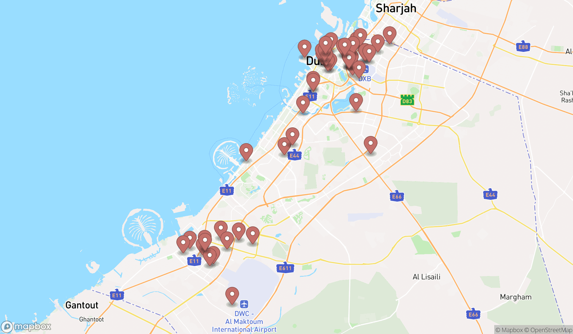 Map showing the search results in Dubai