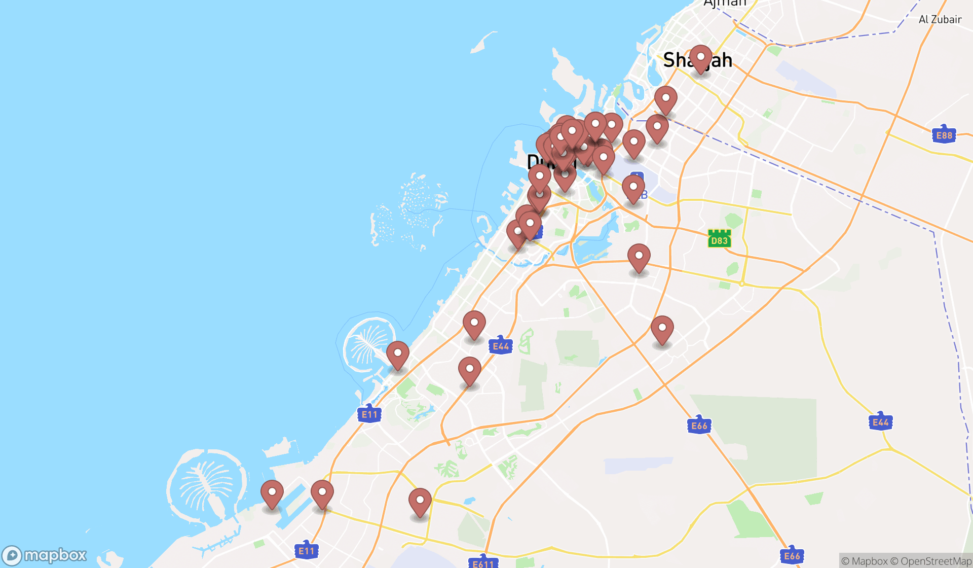 Map showing the search results in Dubai