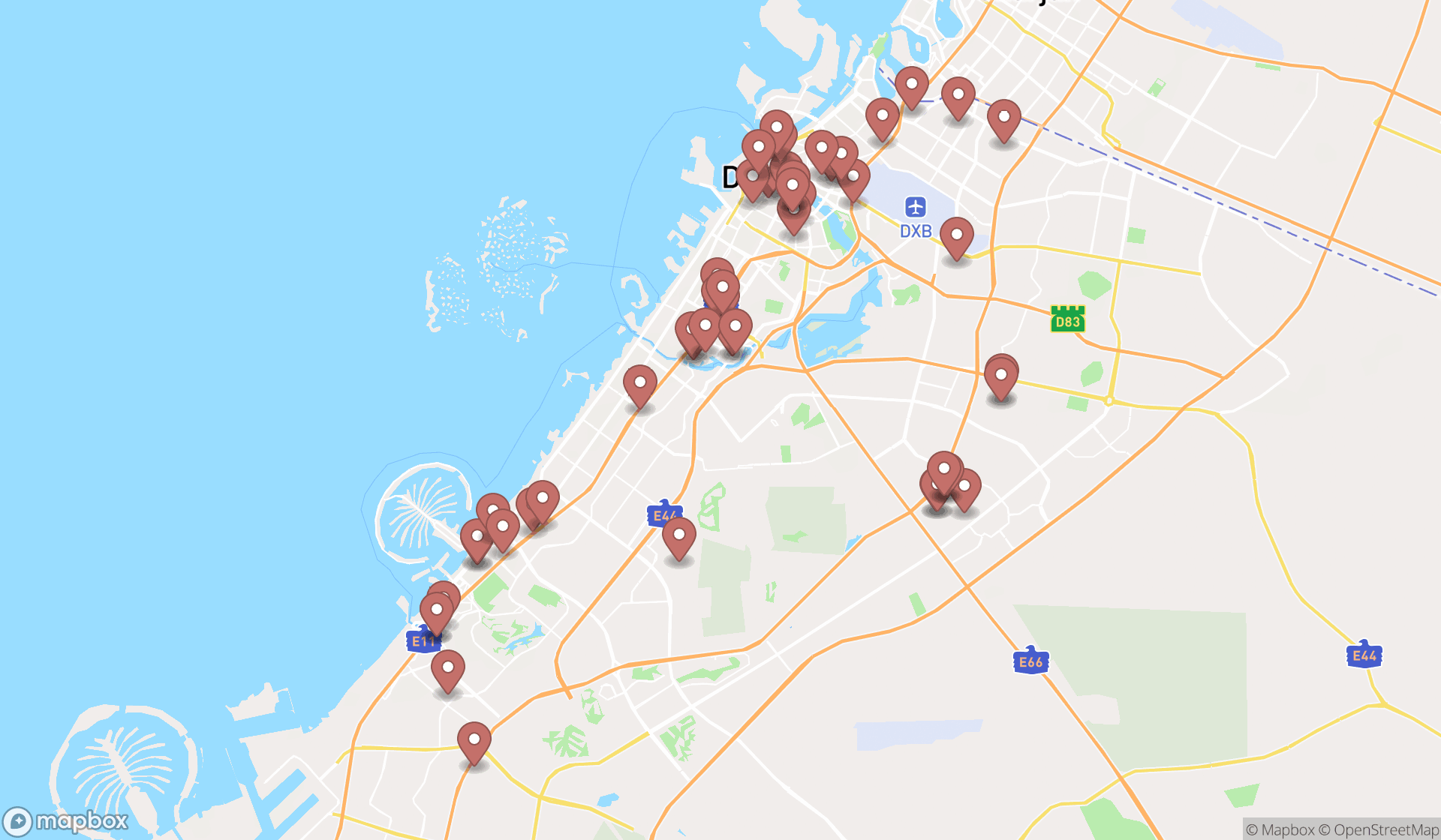 Map showing the search results in Dubai