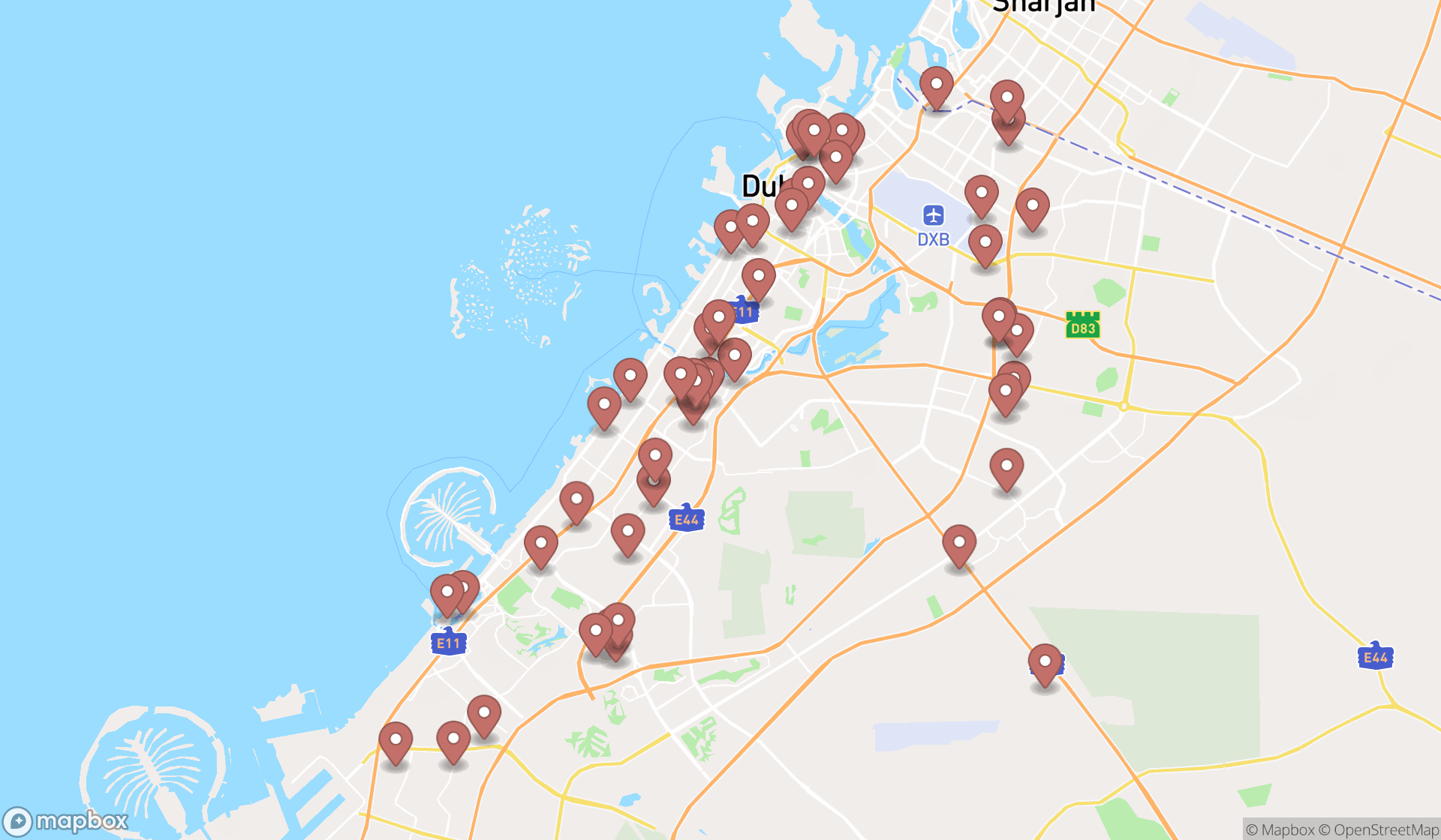 Map showing the search results in Dubai