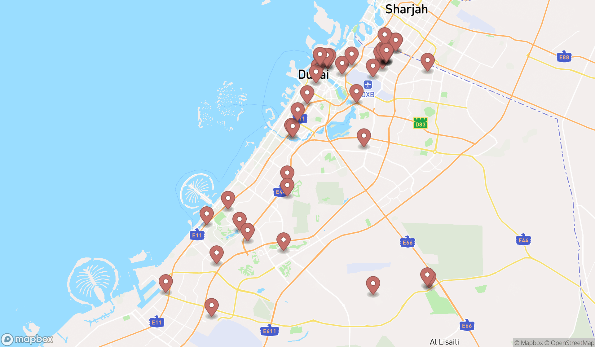 Map showing the search results in Dubai