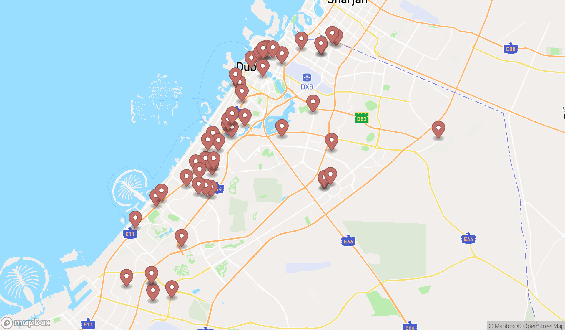 Map showing the search results in Dubai