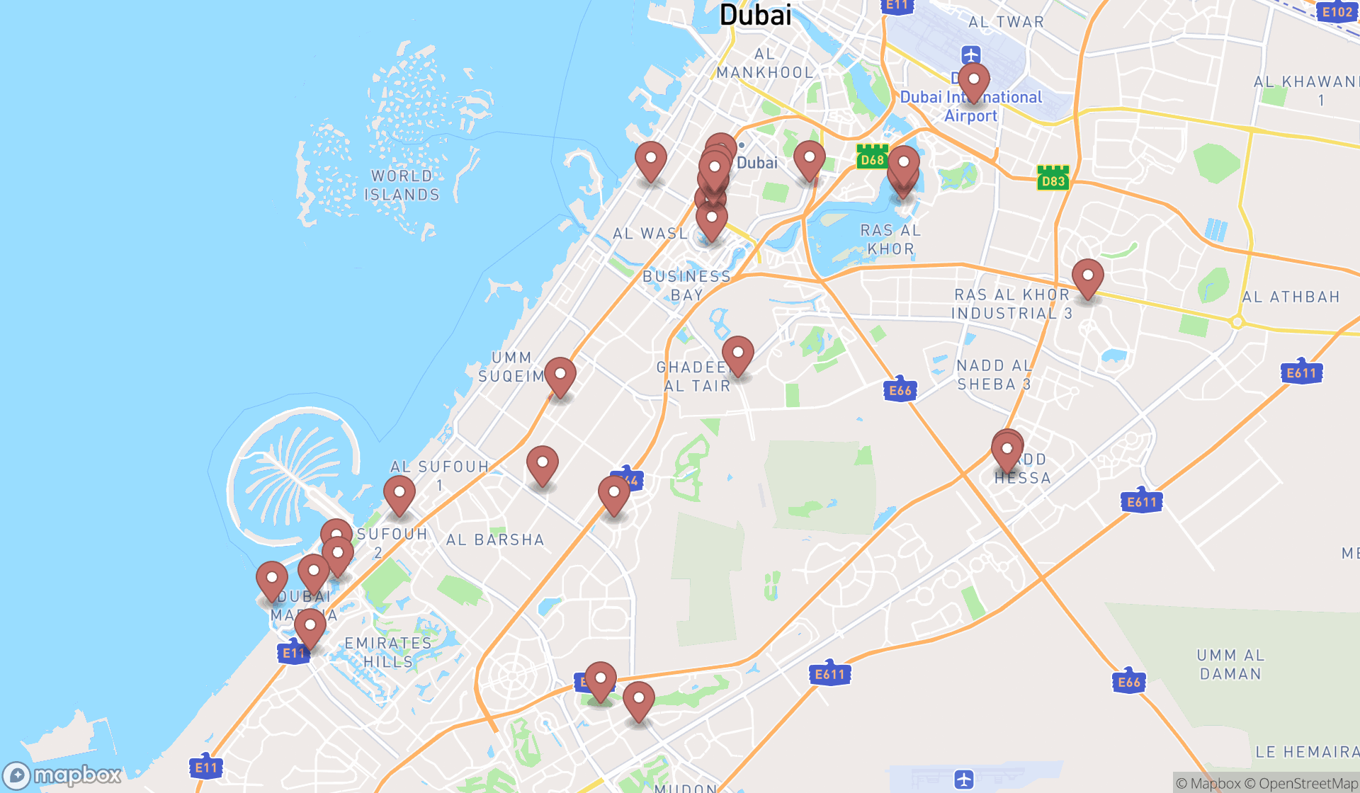 Map showing the search results in Dubai