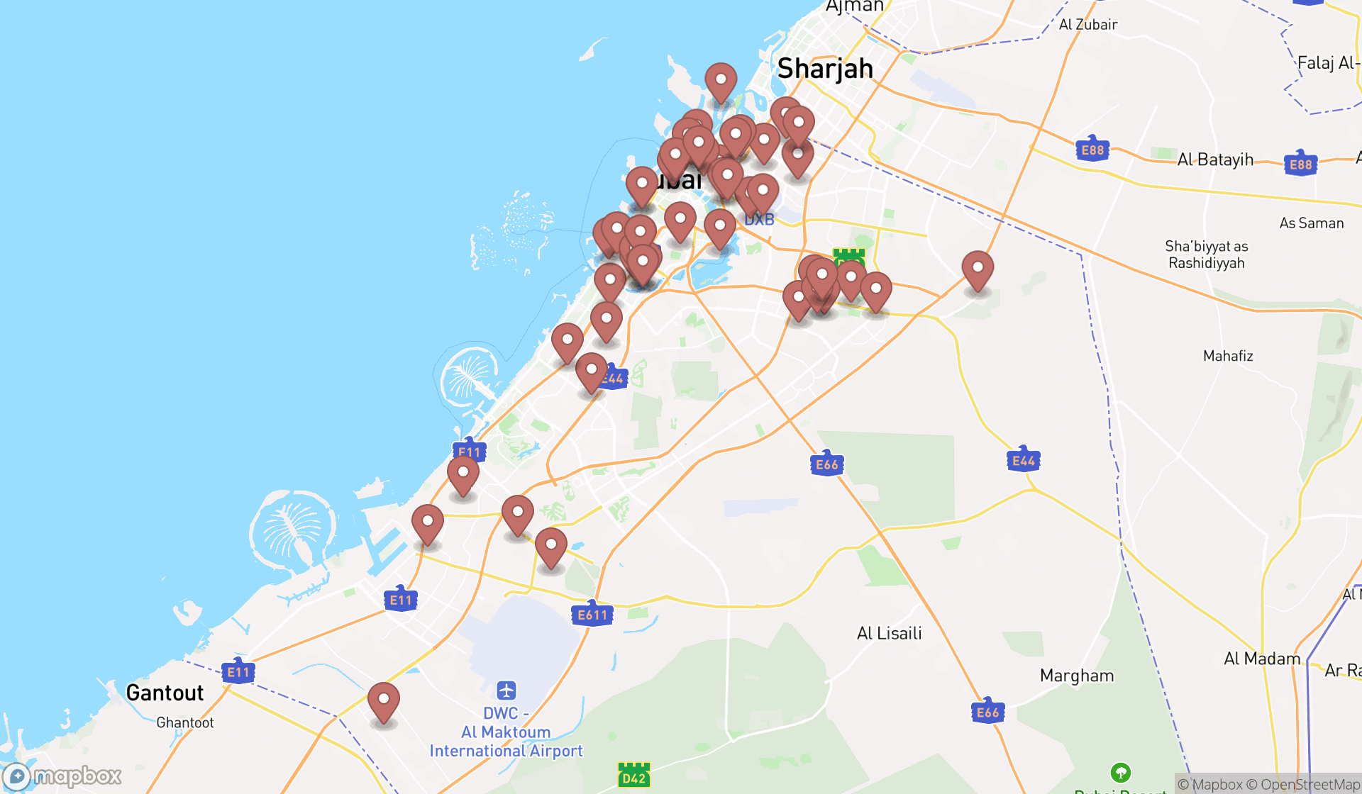 Map showing the search results in Dubai