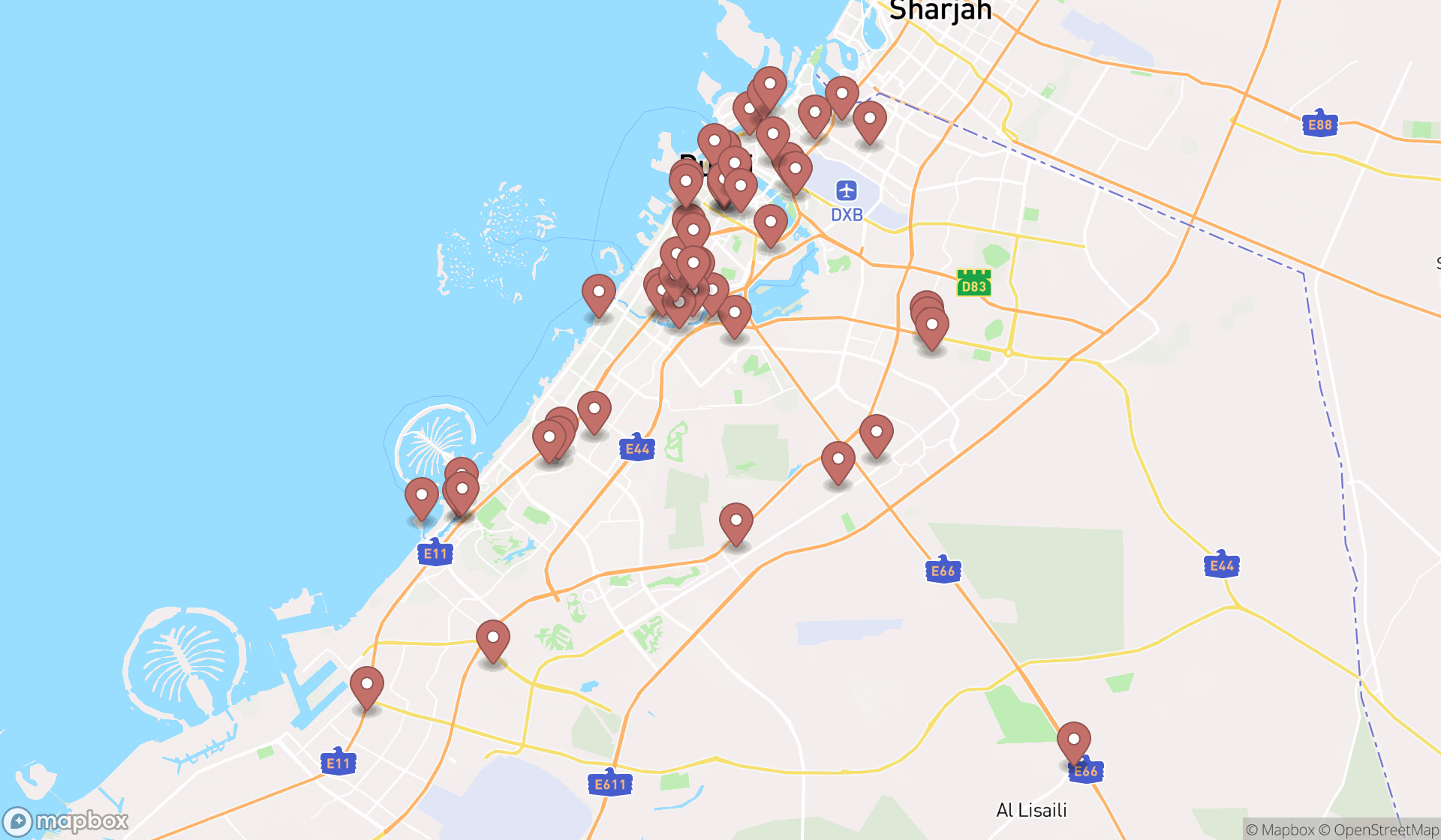 Map showing the search results in Dubai