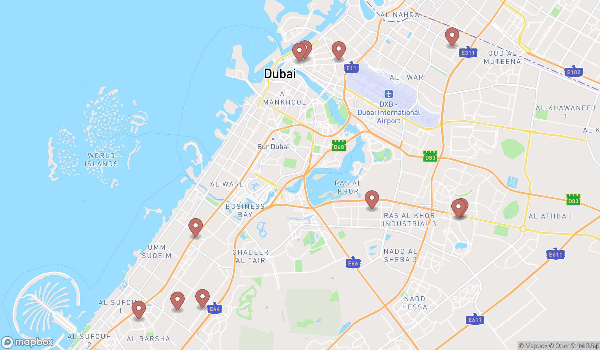 Map showing the search results in Dubai