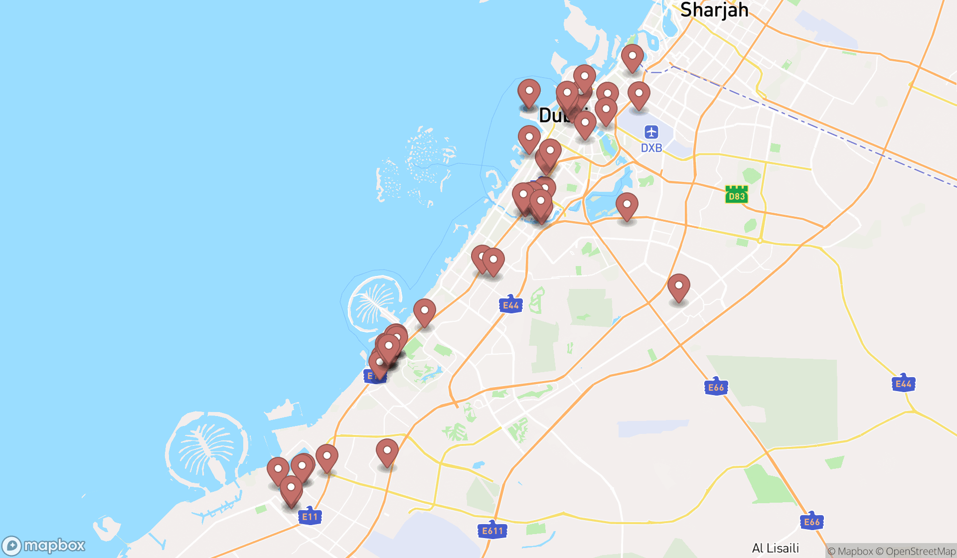 Map showing the search results in Dubai