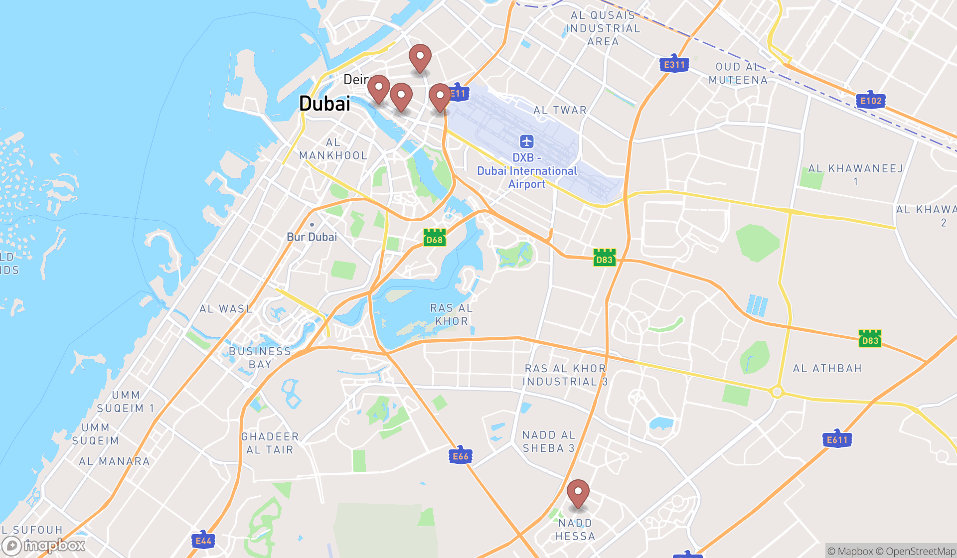 Map showing the search results in Dubai