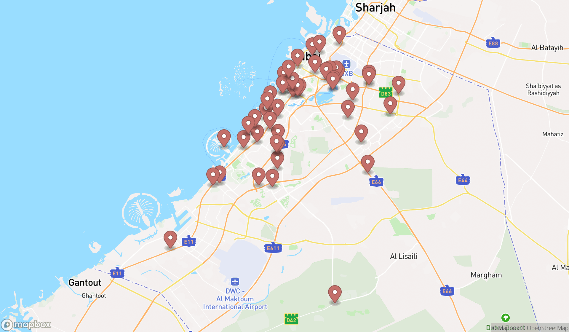 Map showing the search results in Dubai