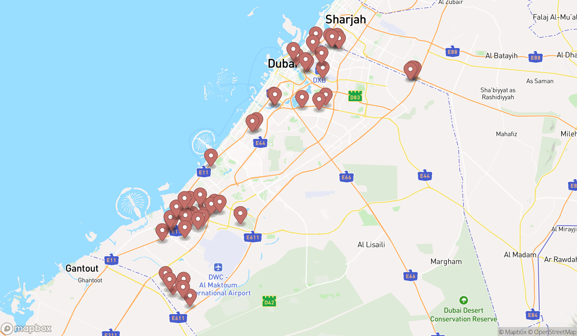 Map showing the search results in Dubai