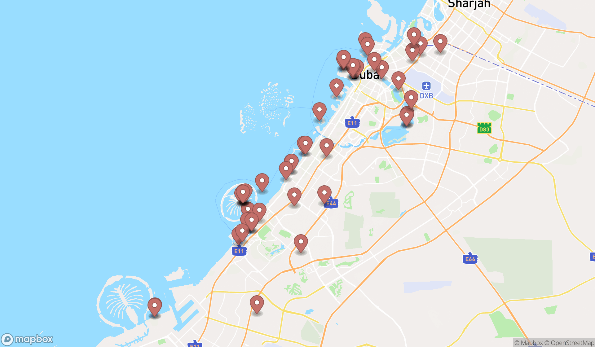 Map showing the search results in Dubai