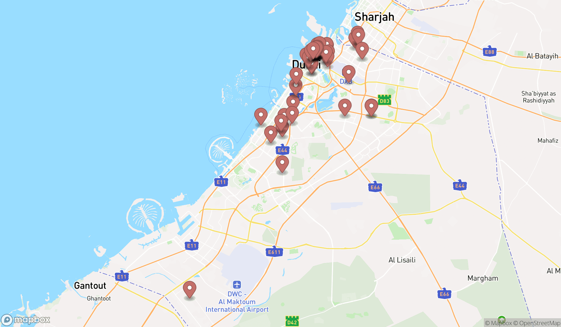 Map showing the search results in Dubai
