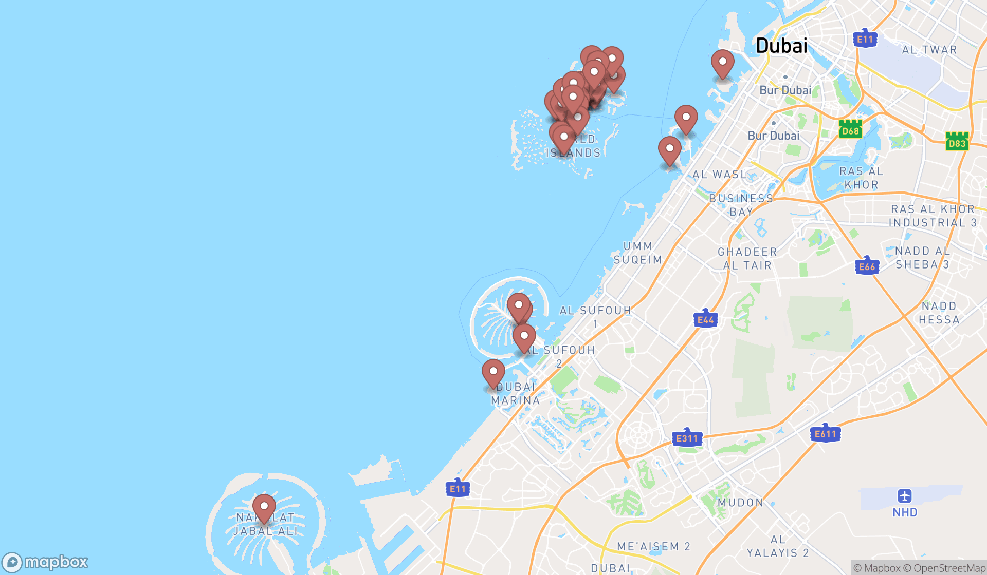 Map showing the search results in Dubai