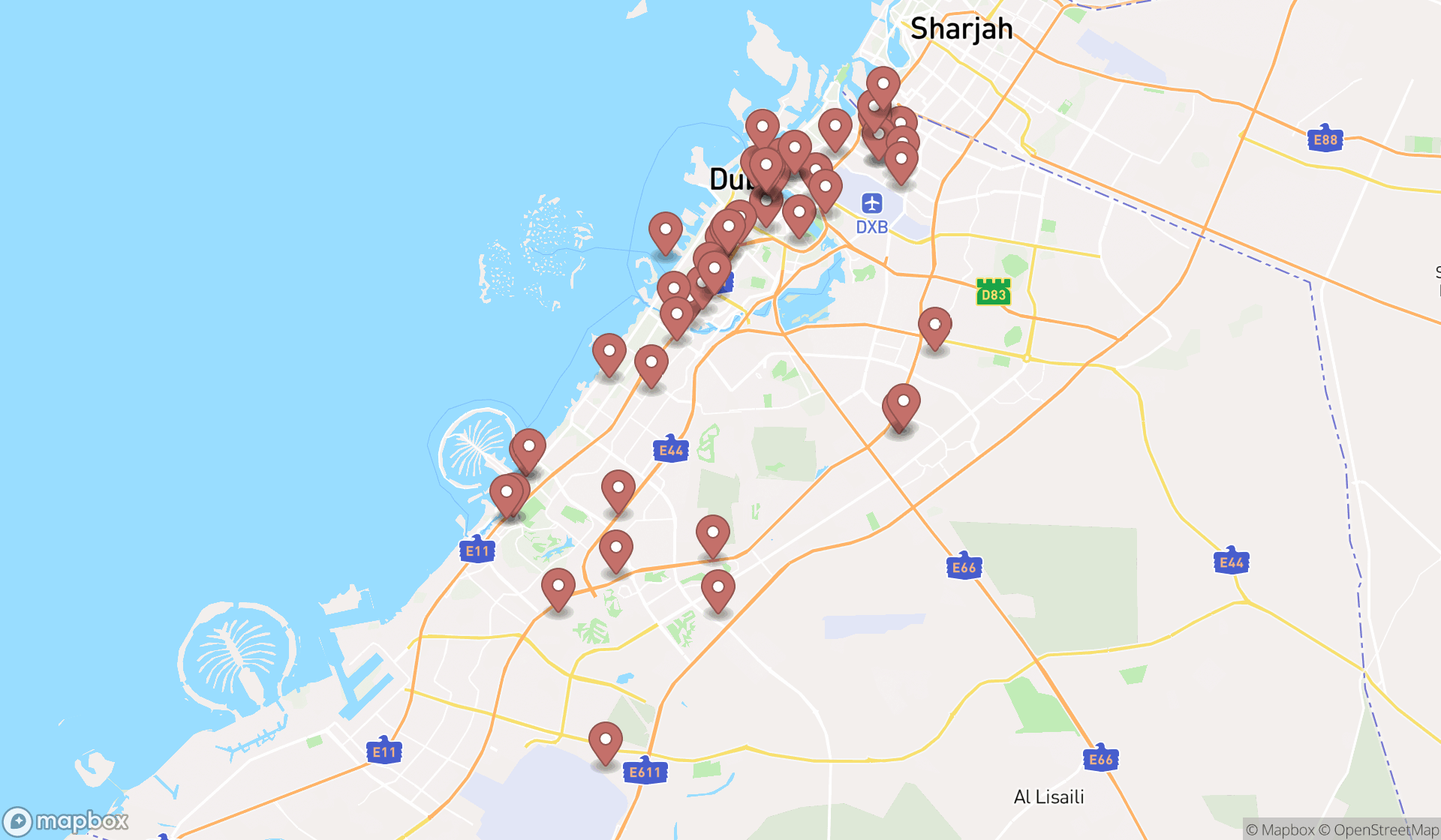 Map showing the search results in Dubai