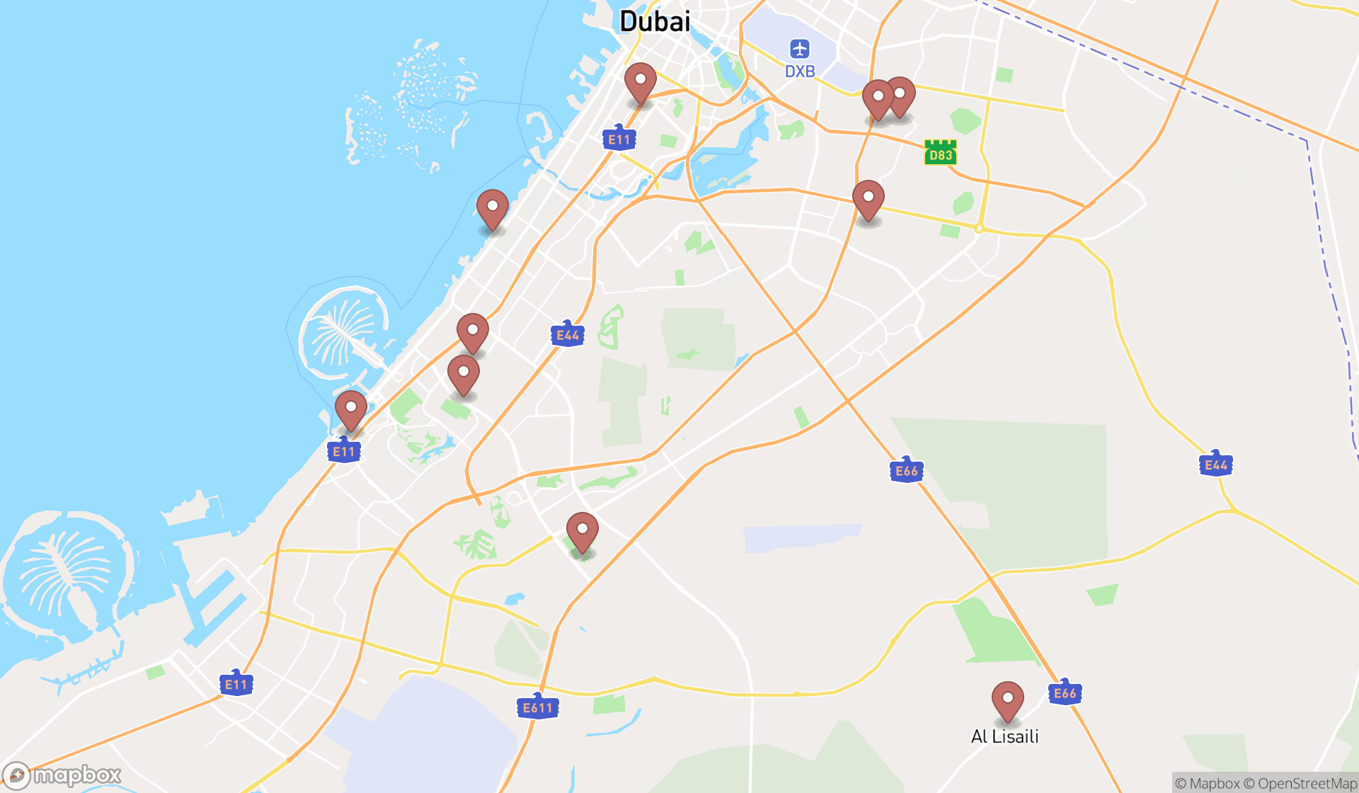 Map showing the search results in Dubai