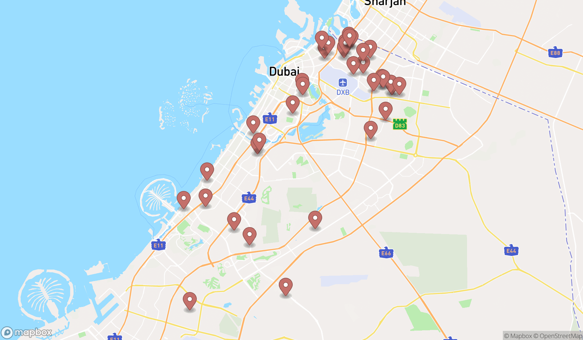 Map showing the search results in Dubai