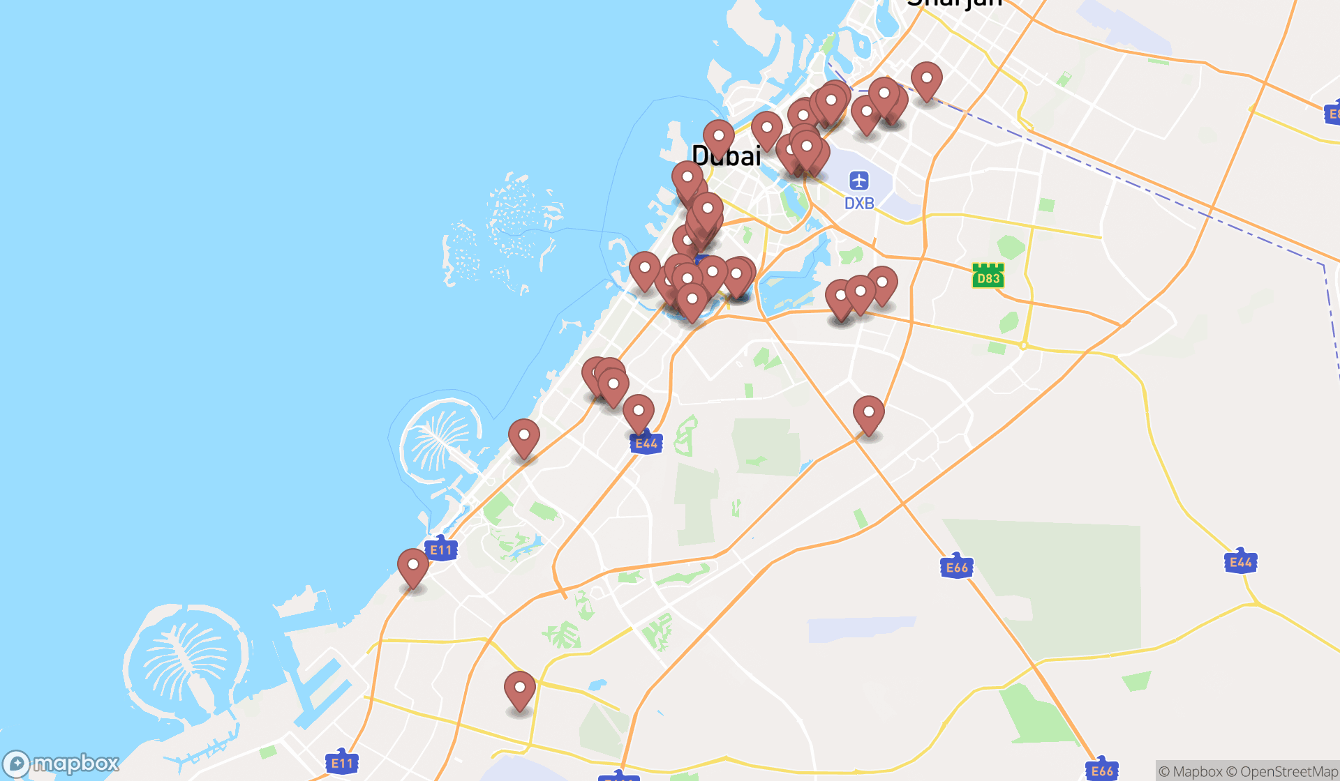 Map showing the search results in Dubai