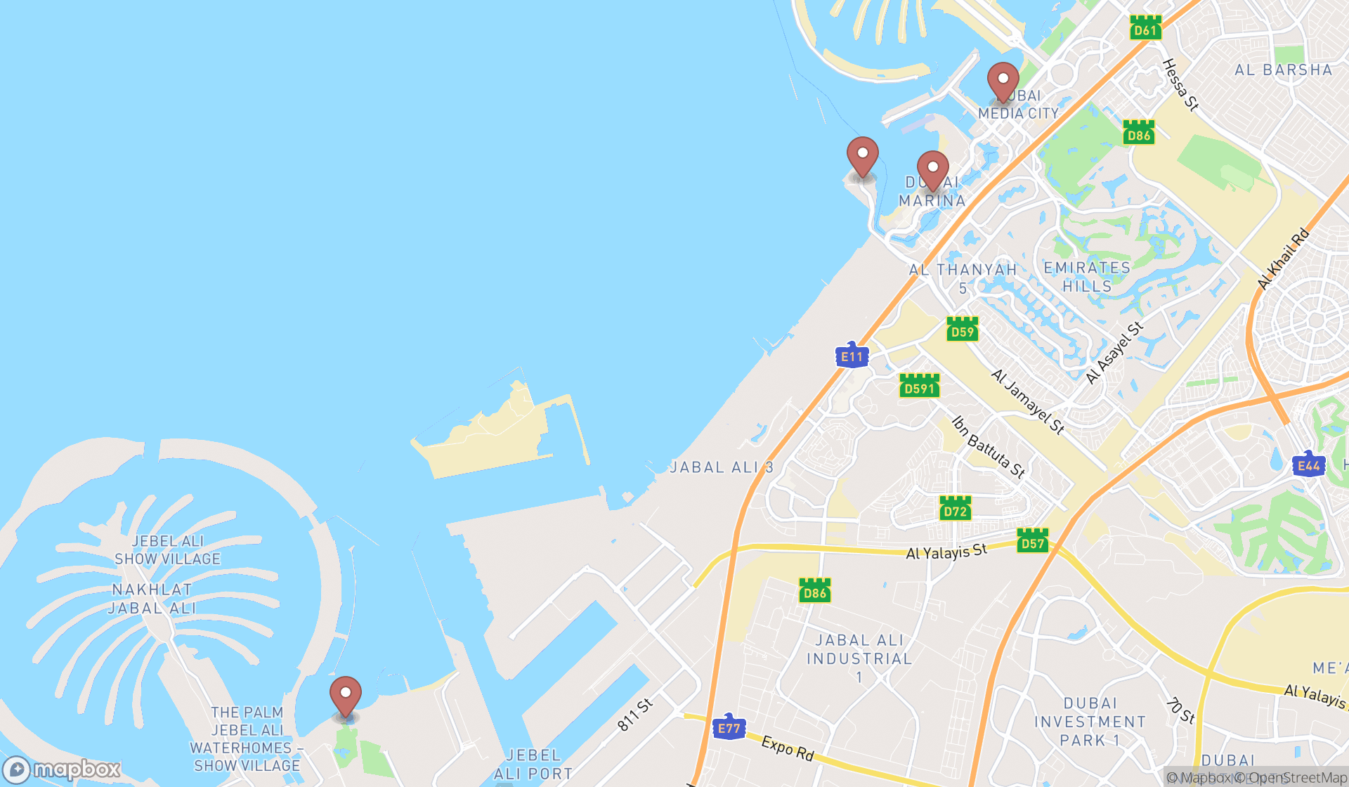 Map showing the search results in Dubai