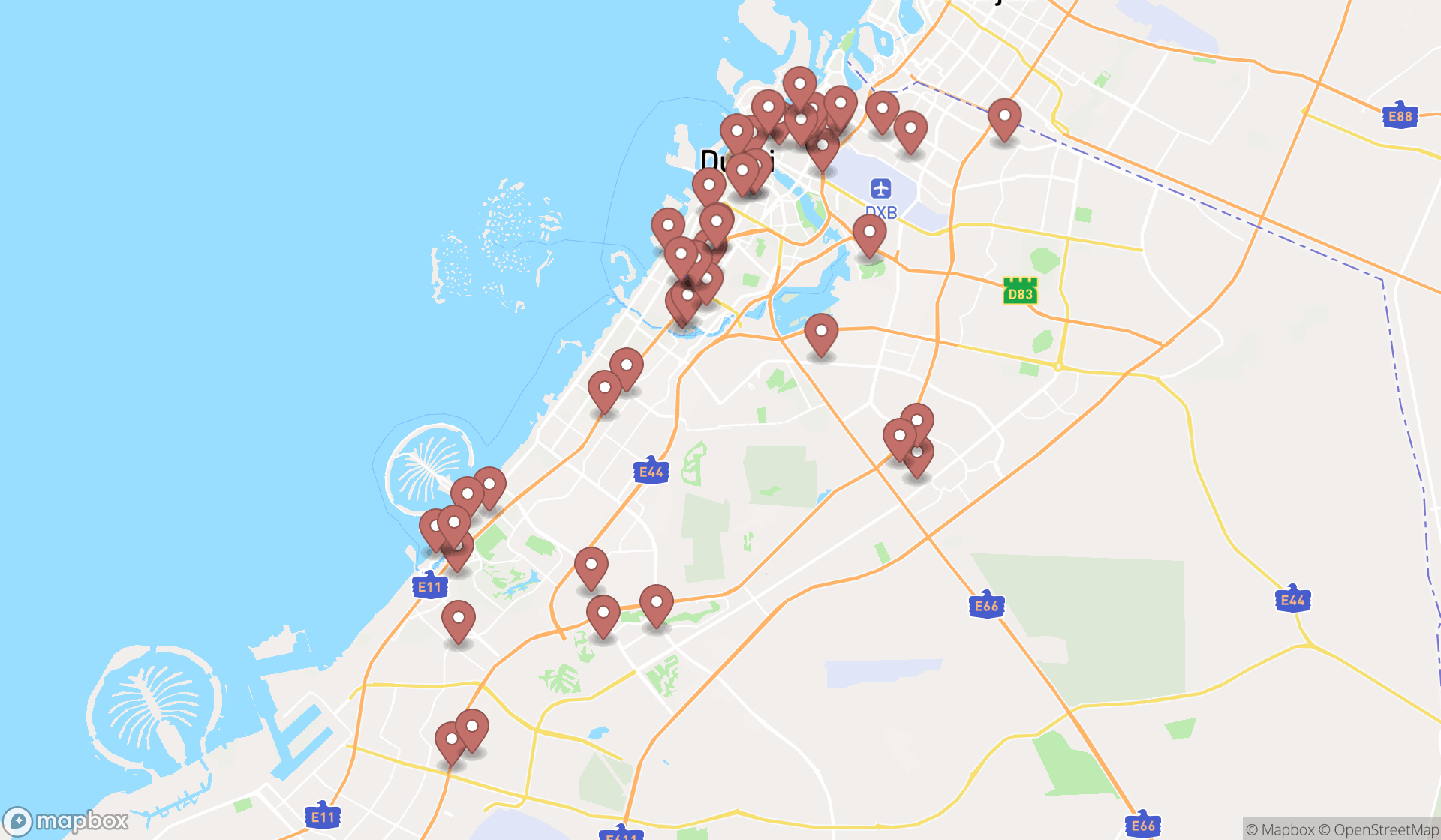 Map showing the search results in Dubai