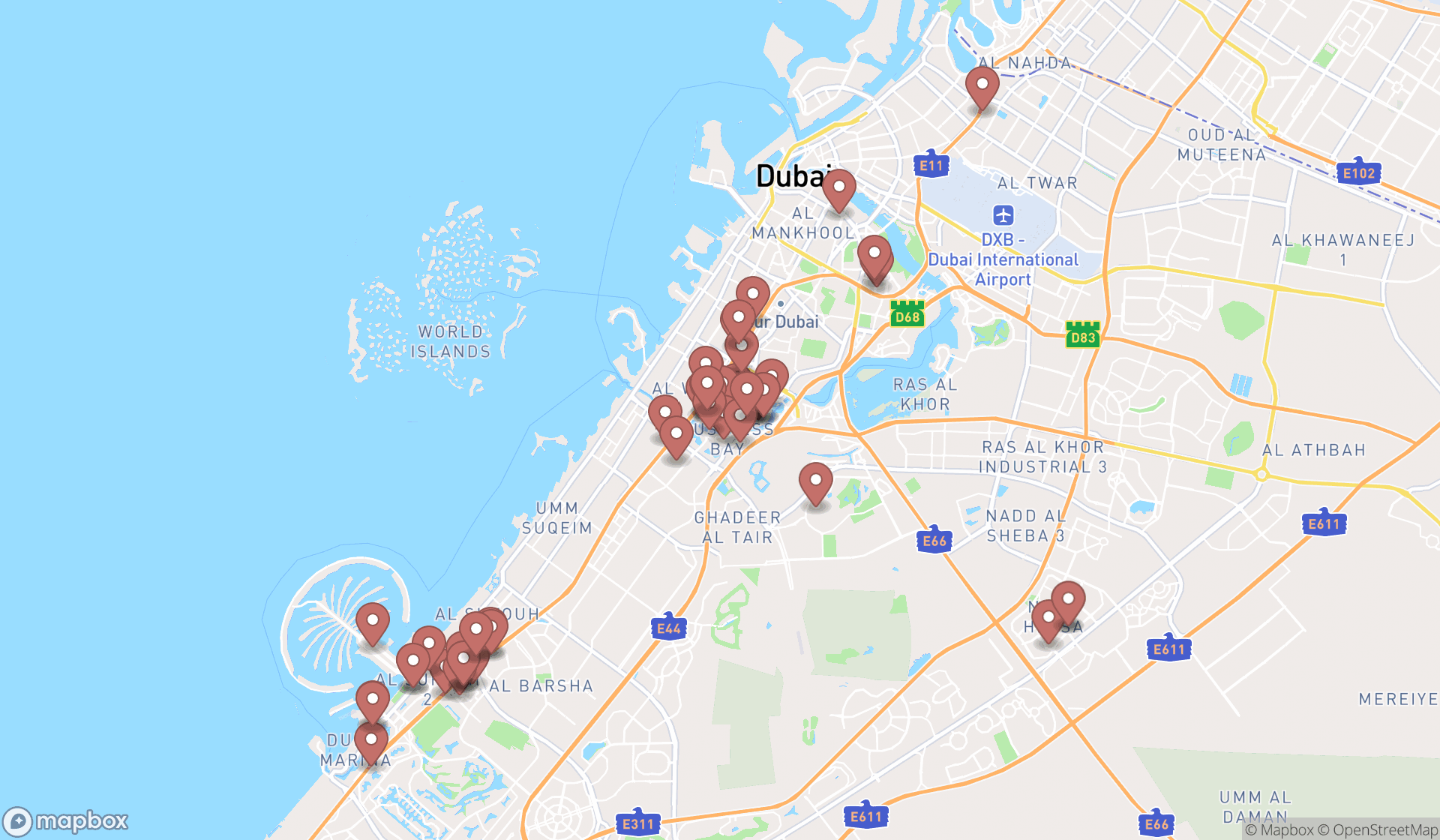 Map showing the search results in Dubai