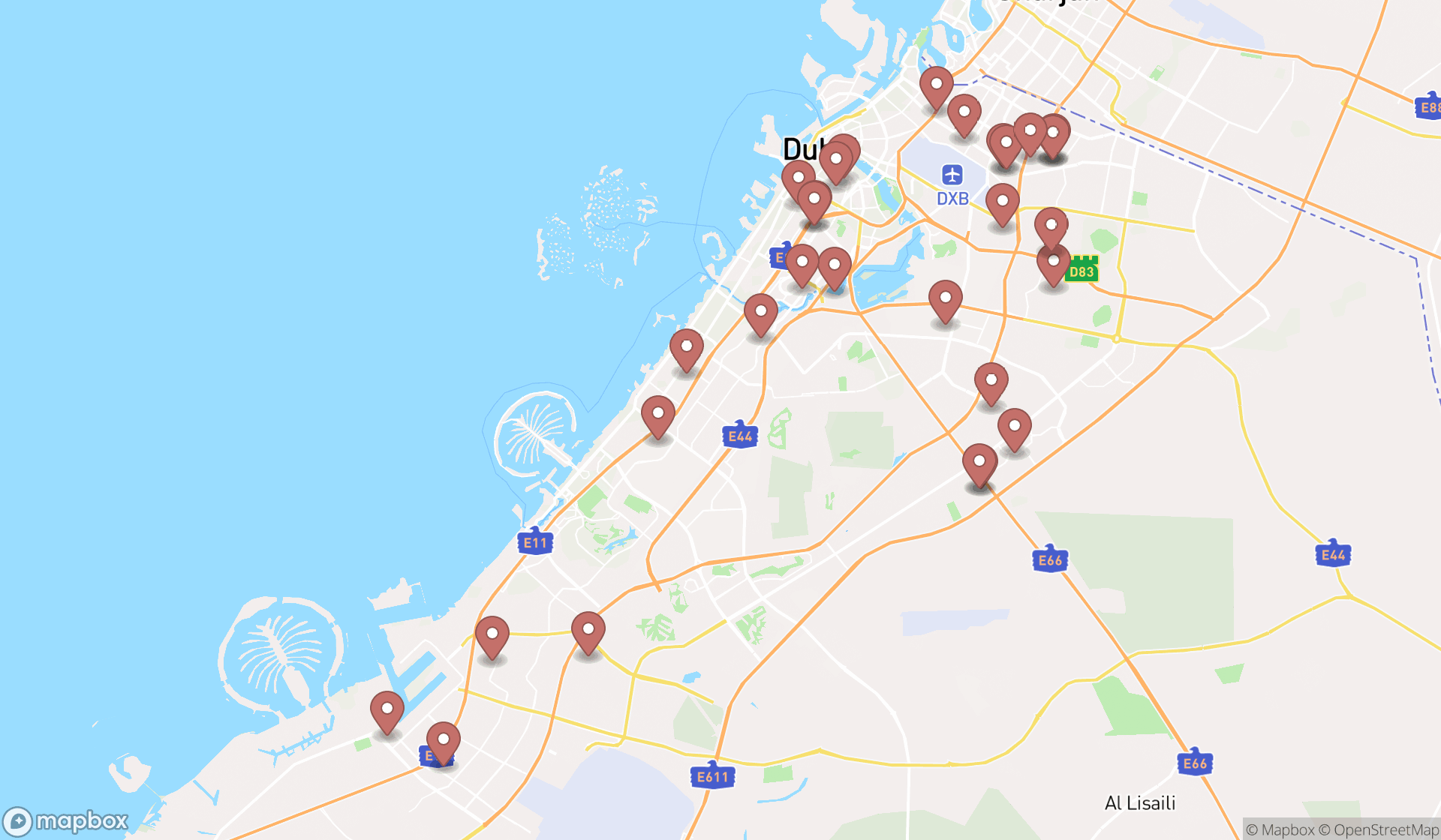 Map showing the search results in Dubai