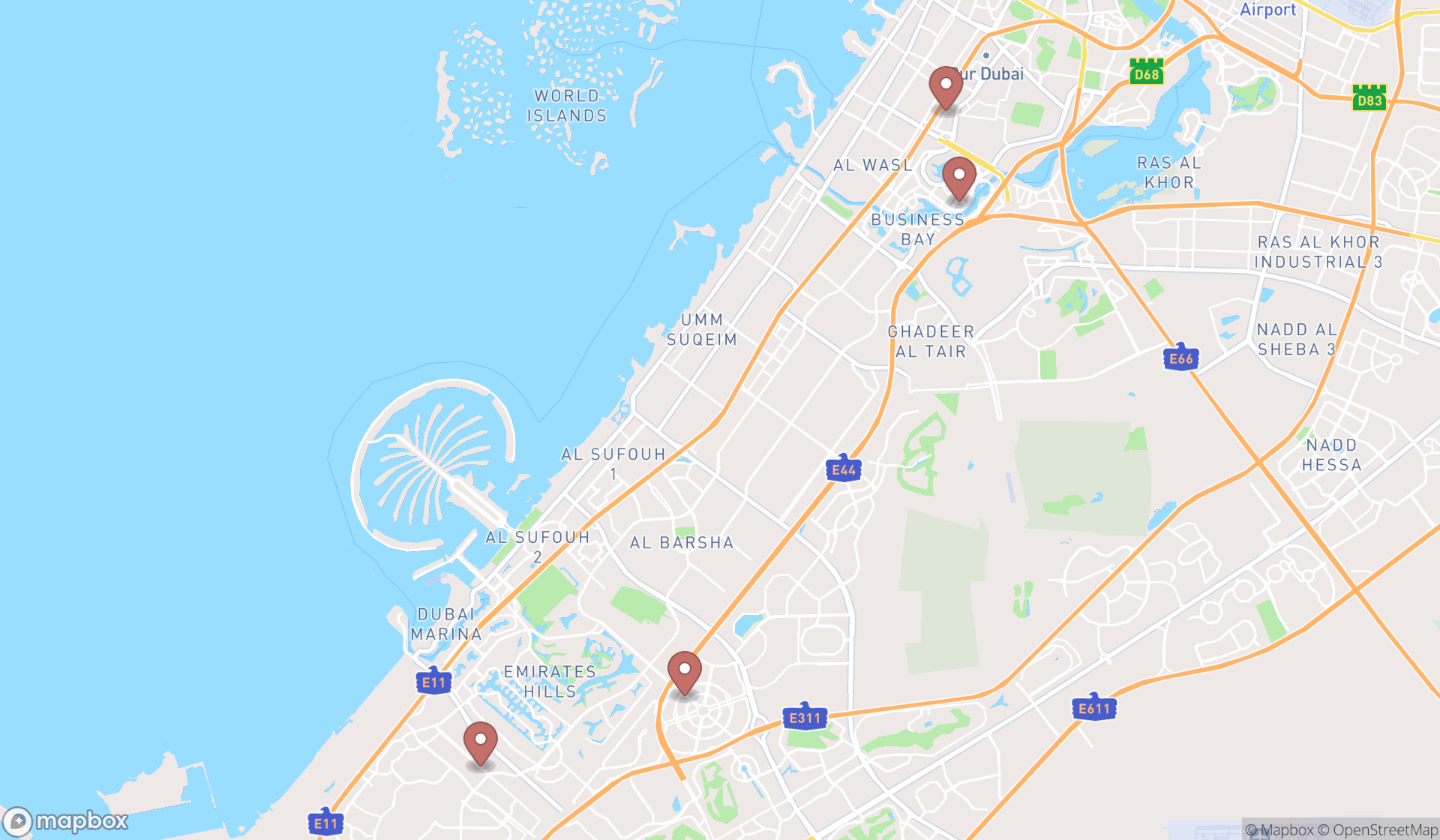 Map showing the search results in Dubai