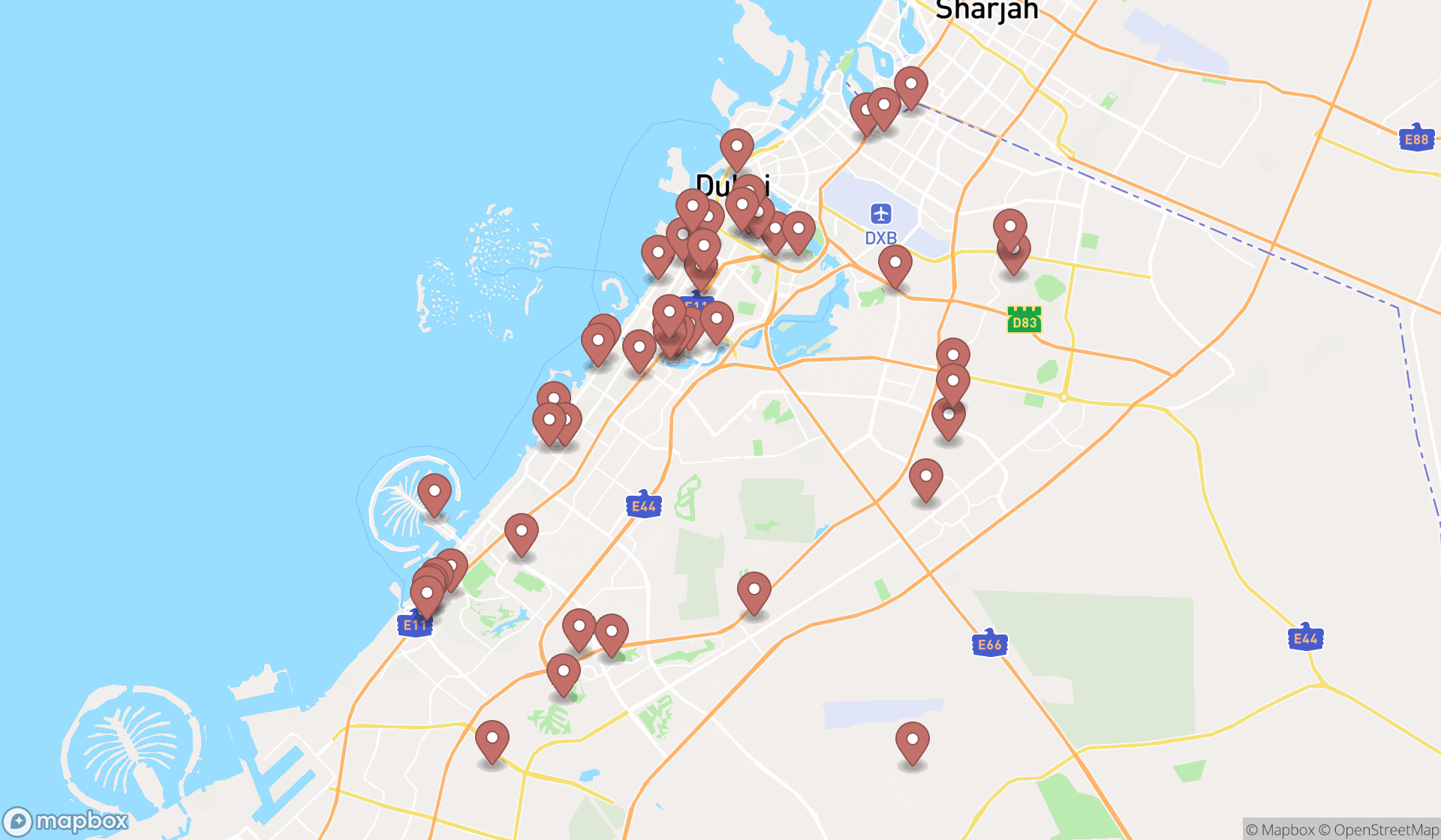 Map showing the search results in Dubai