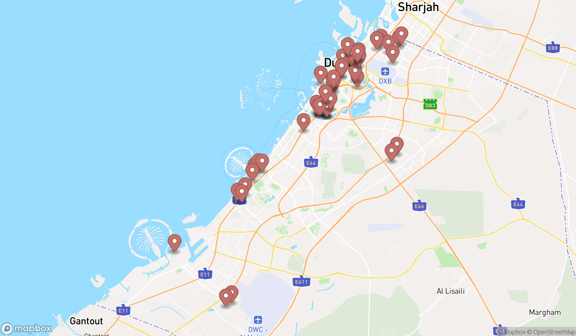Map showing the search results in Dubai