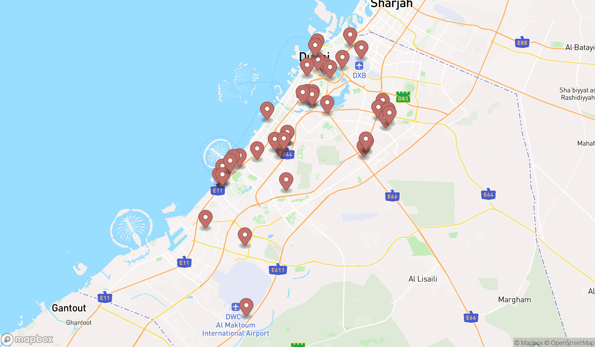 Map showing the search results in Dubai