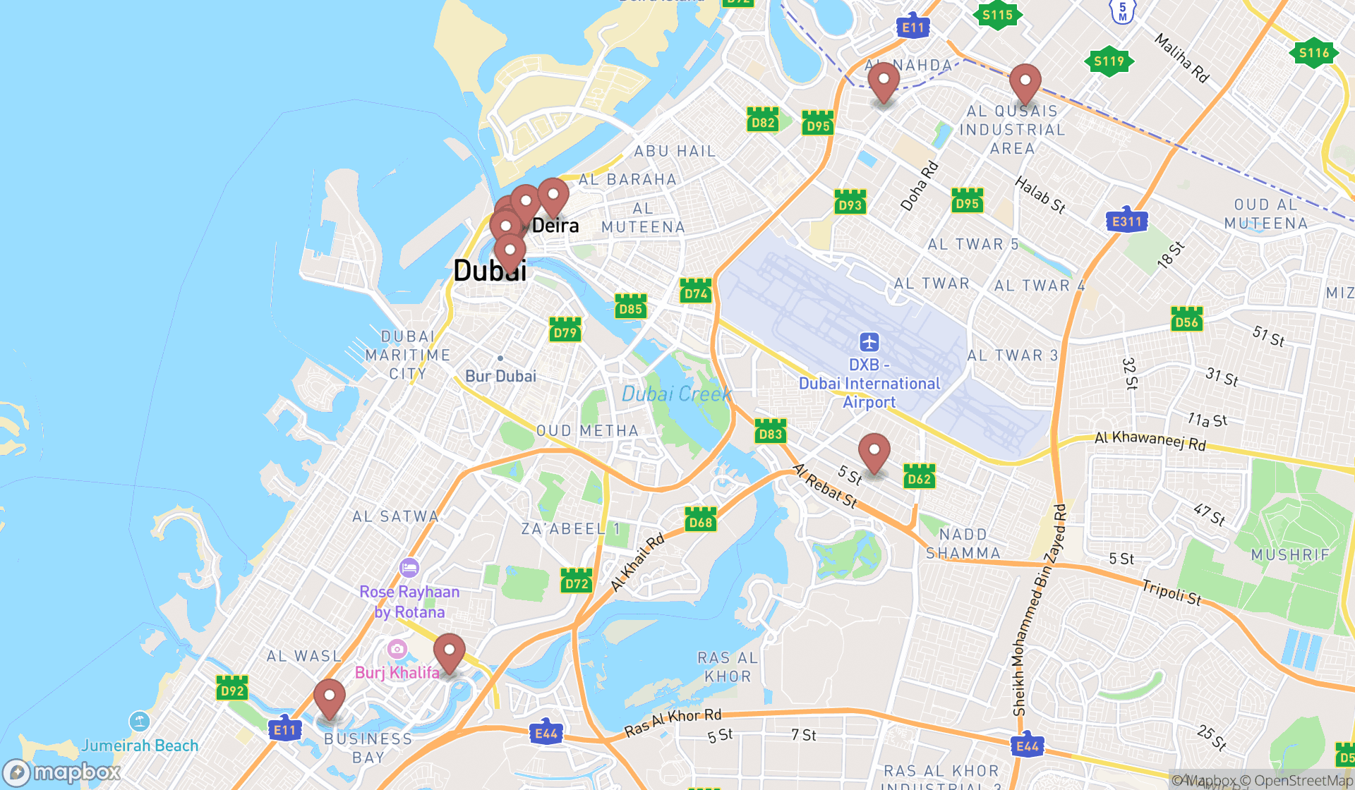 Map showing the search results in Dubai