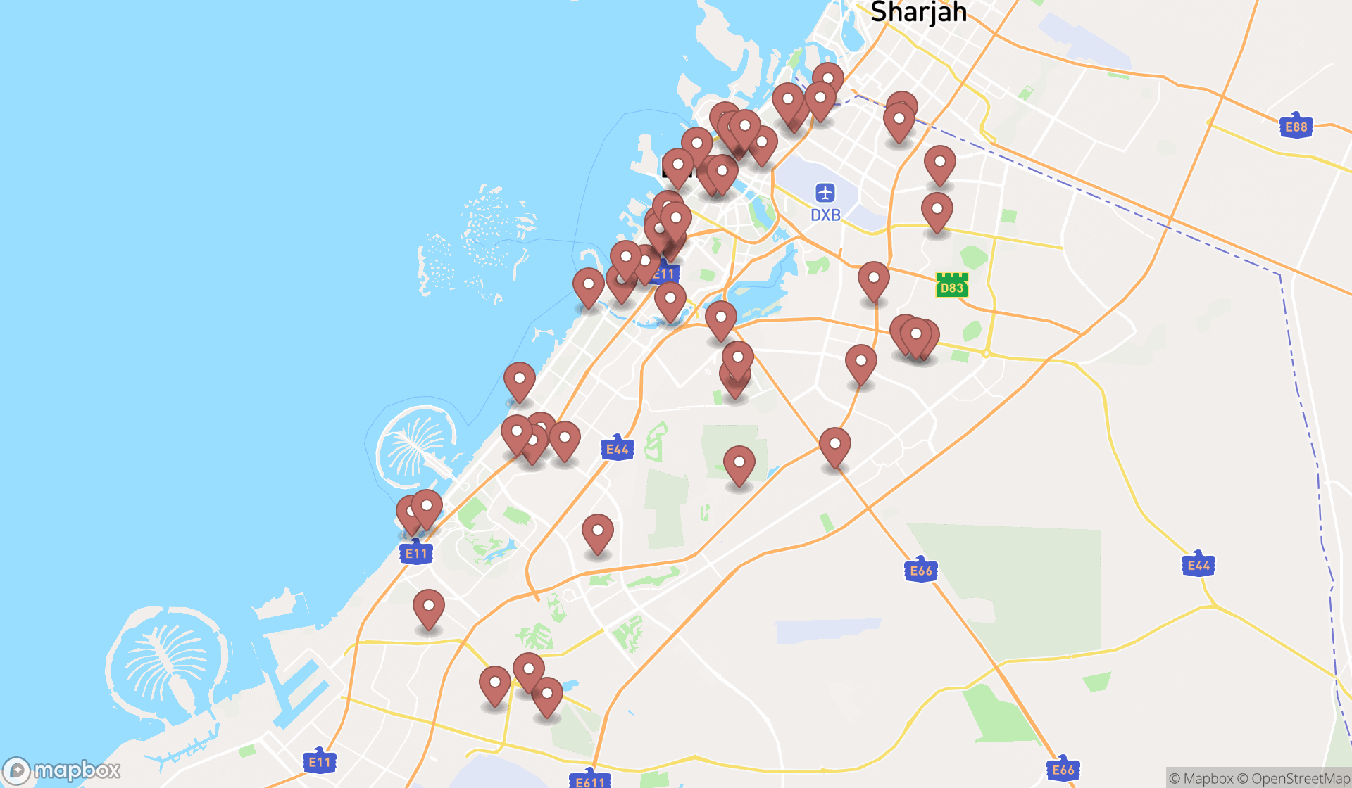 Map showing the search results in Dubai
