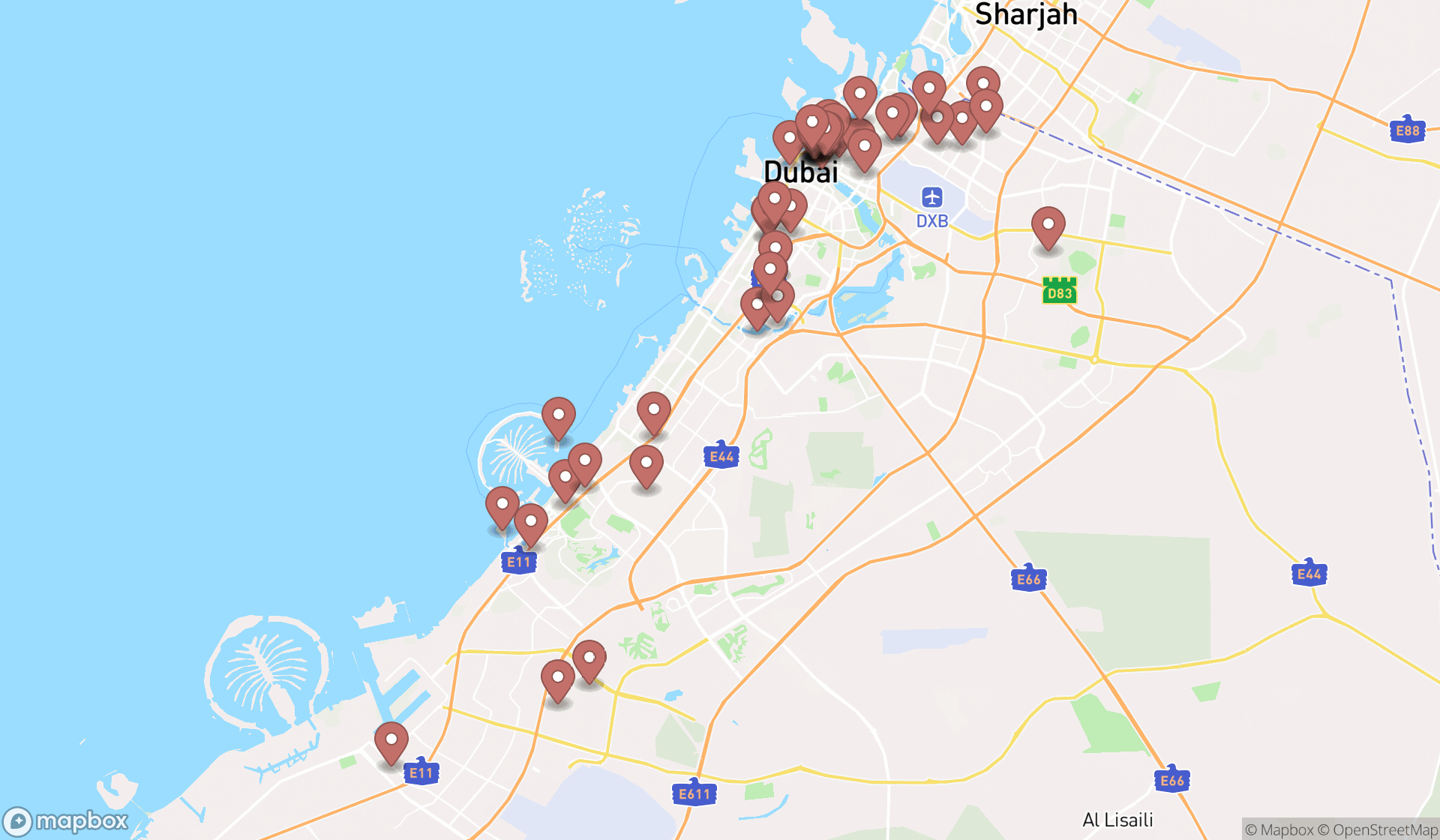 Map showing the search results in Dubai