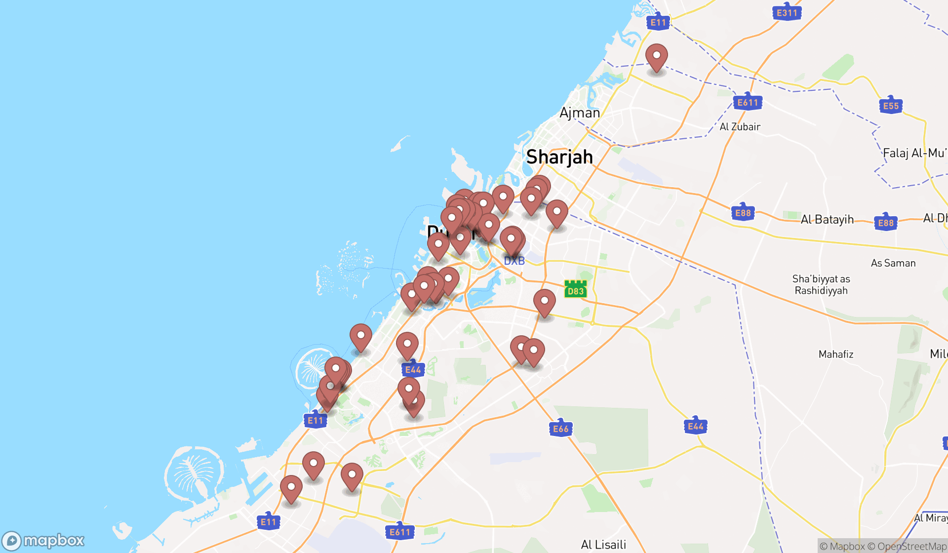 Map showing the search results in Dubai