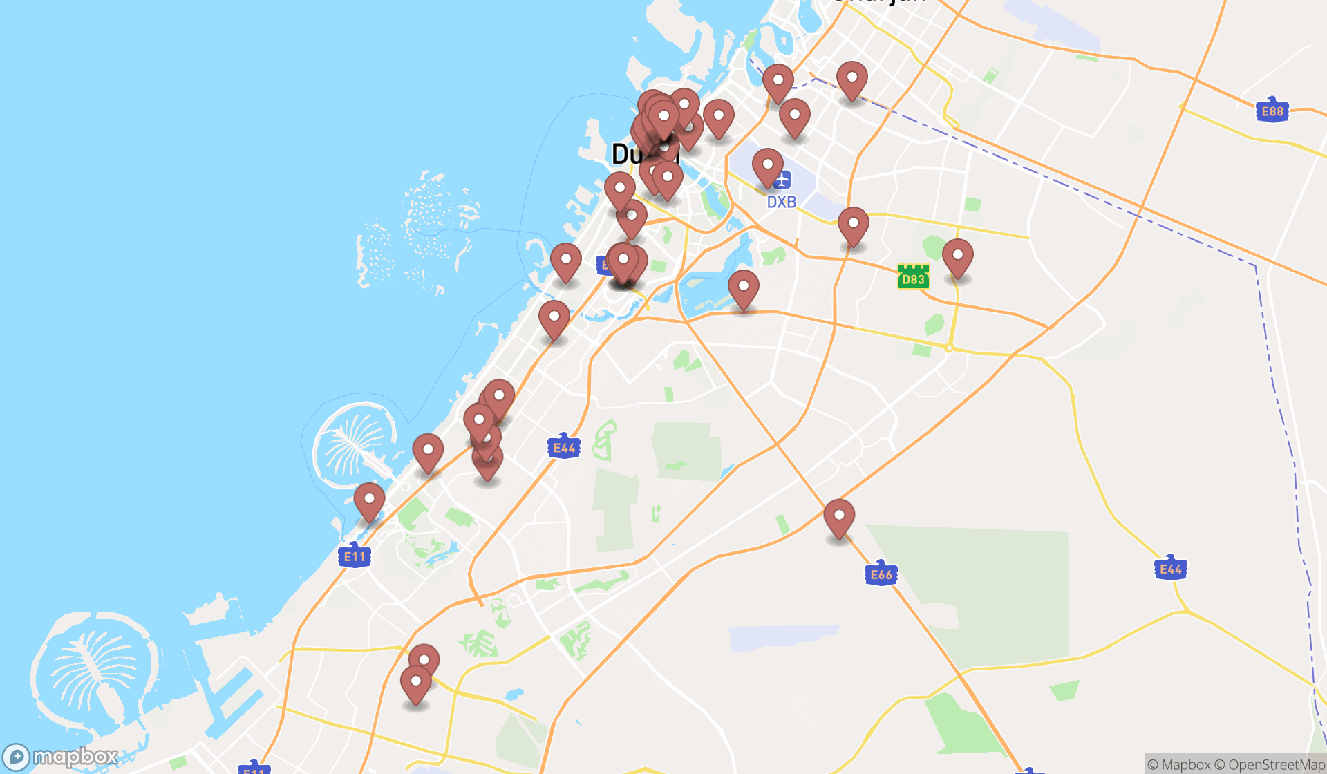 Map showing the search results in Dubai
