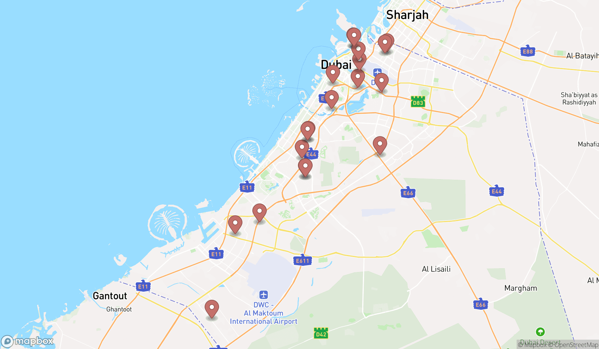 Map showing the search results in Dubai