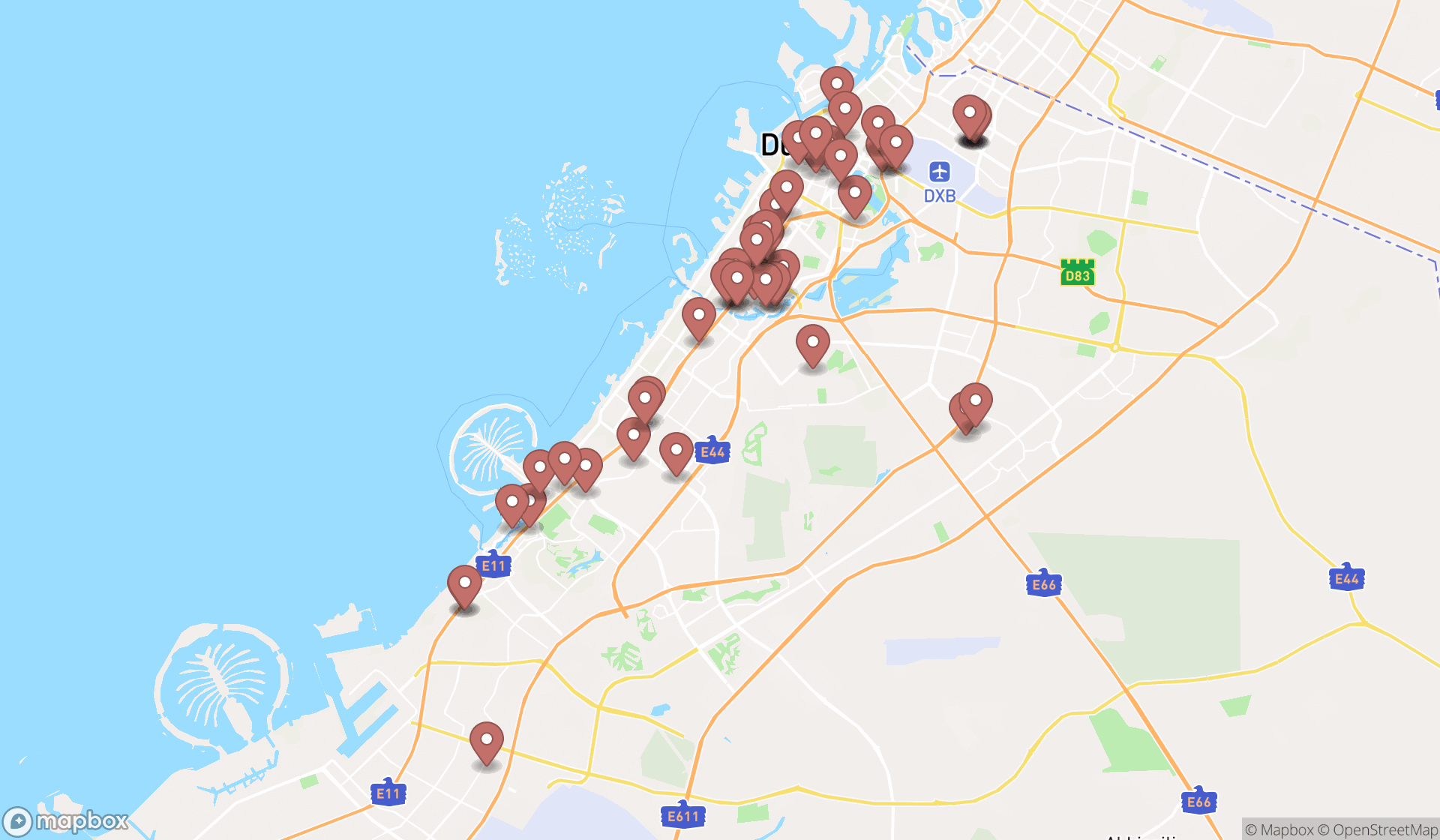 Map showing the search results in Dubai
