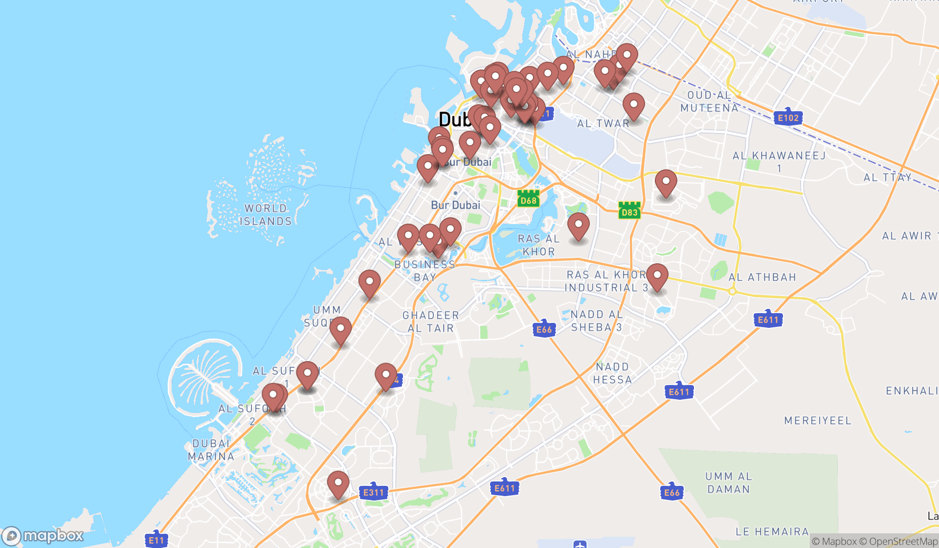 Map showing the search results in Dubai