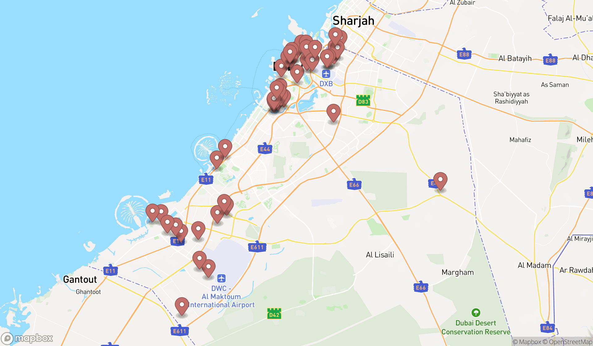 Map showing the search results in Dubai
